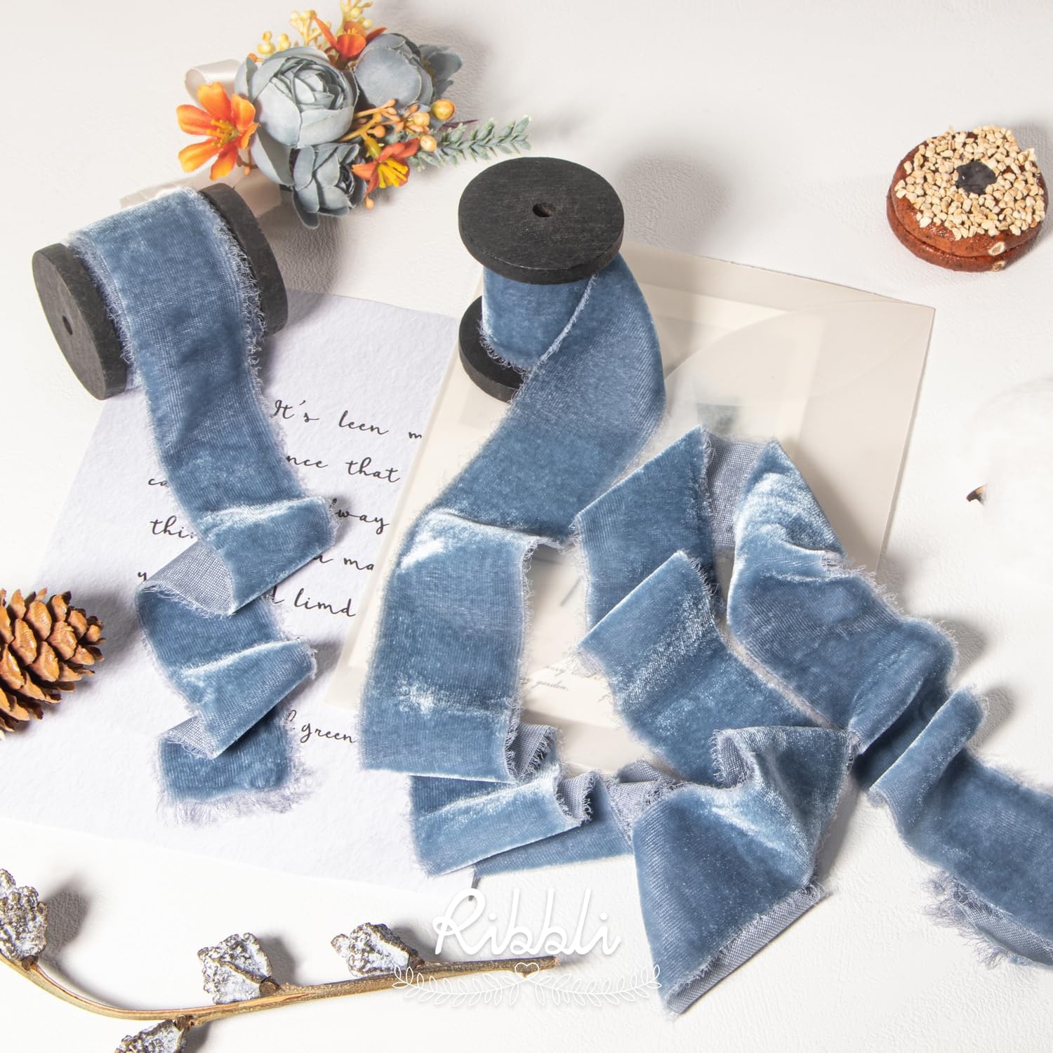 Ribbli Light Champagne Velvet Ribbon 1.5 Inch Handmade Frayed Christmas Ribbon for Gift Wrapping Christmas Tree Ornament Wreath Craft Home Decor -Total 3 Yards with Wooden Spool(Dusty Blue)