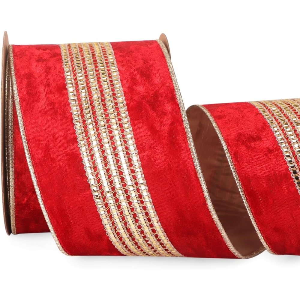 Ribbli Burgundy Velvet Wired Ribbon with Luxurious Glittering Stripe 4 Inch Christmas Ribbon for Tree Gift Wrapping Wreaths Garland Topper Bows Crafts Home Decor -10 Yards(Red)