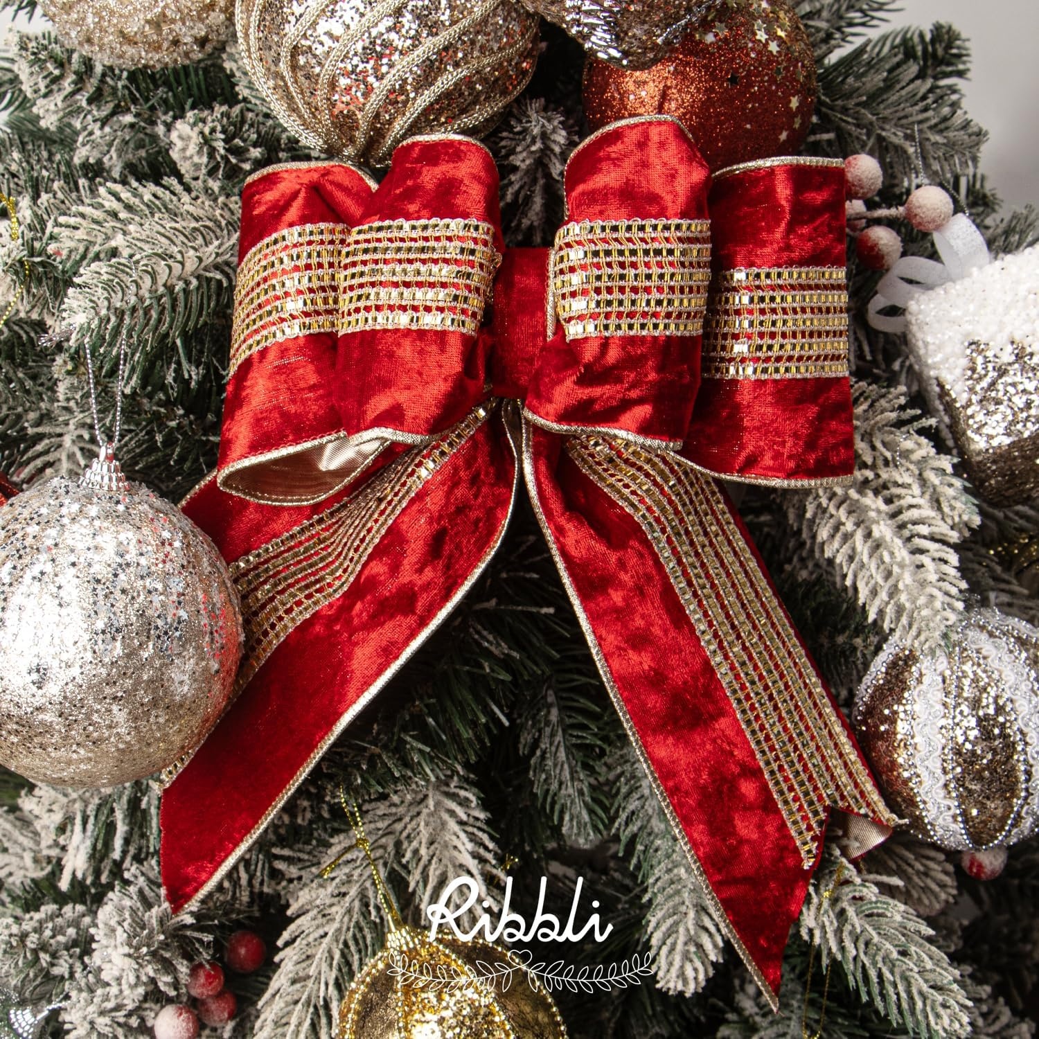 Ribbli Burgundy Velvet Wired Ribbon with Luxurious Glittering Stripe 4 Inch Christmas Ribbon for Tree Gift Wrapping Wreaths Garland Topper Bows Crafts Home Decor -10 Yards(Red)