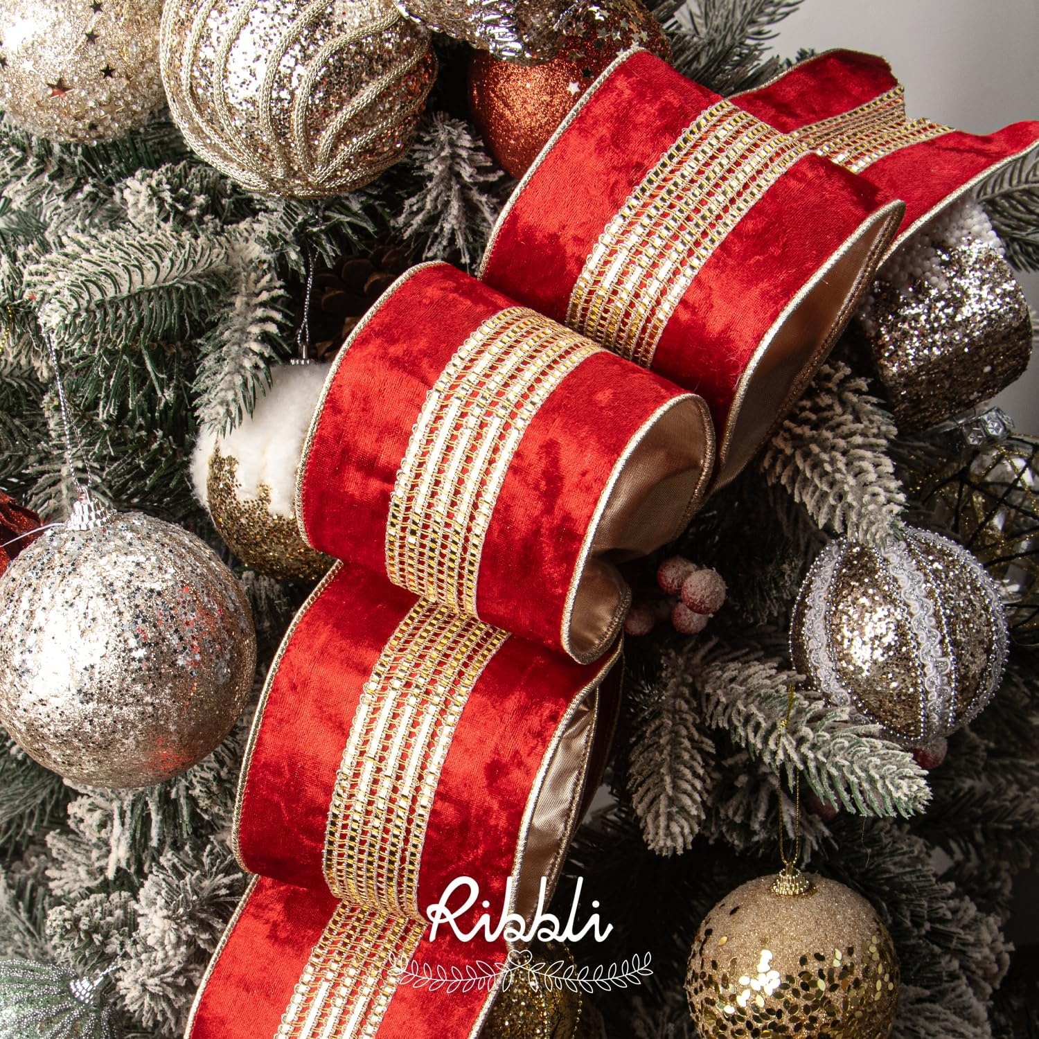 Ribbli Burgundy Velvet Wired Ribbon with Luxurious Glittering Stripe 4 Inch Christmas Ribbon for Tree Gift Wrapping Wreaths Garland Topper Bows Crafts Home Decor -10 Yards(Red)