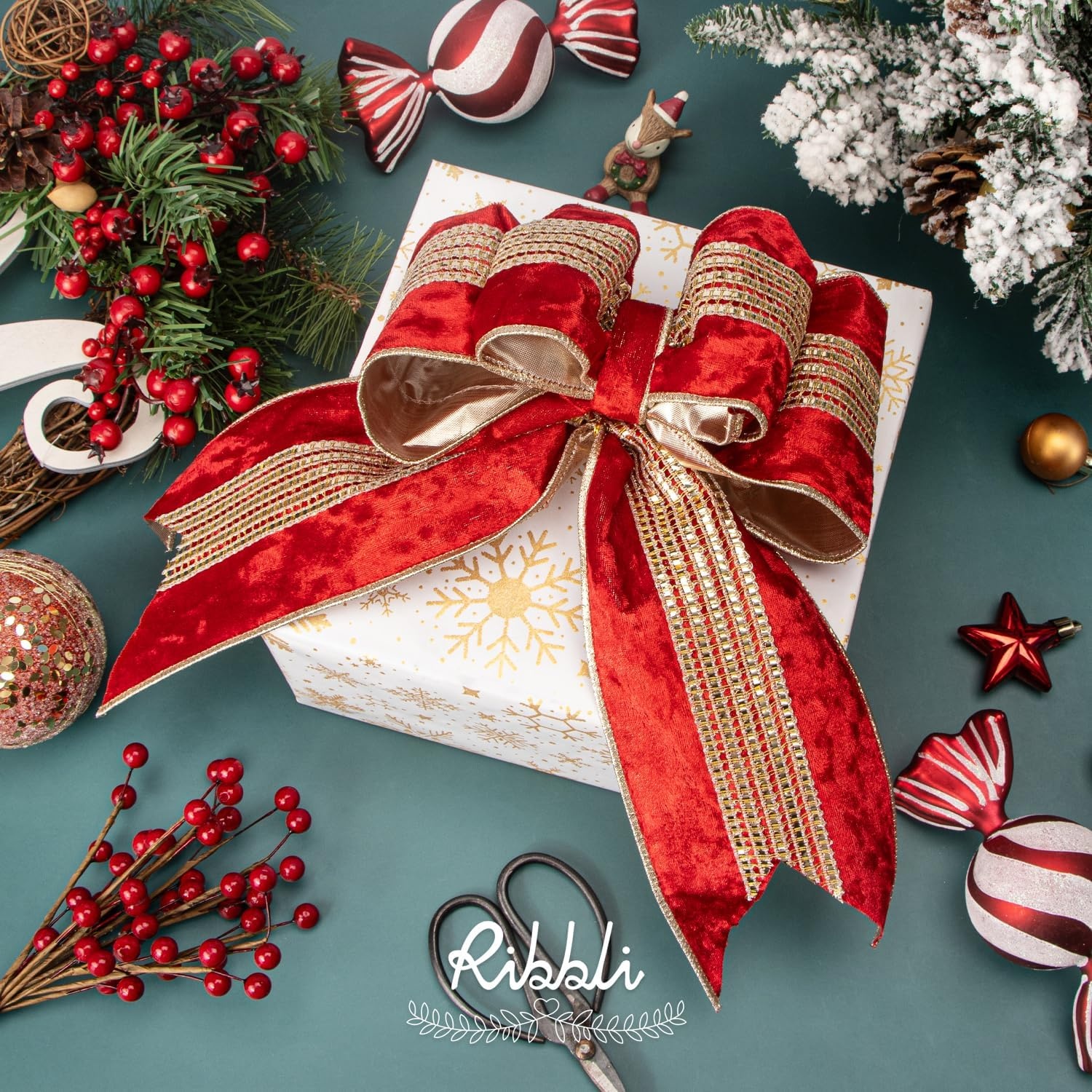 Ribbli Burgundy Velvet Wired Ribbon with Luxurious Glittering Stripe 4 Inch Christmas Ribbon for Tree Gift Wrapping Wreaths Garland Topper Bows Crafts Home Decor -10 Yards(Red)