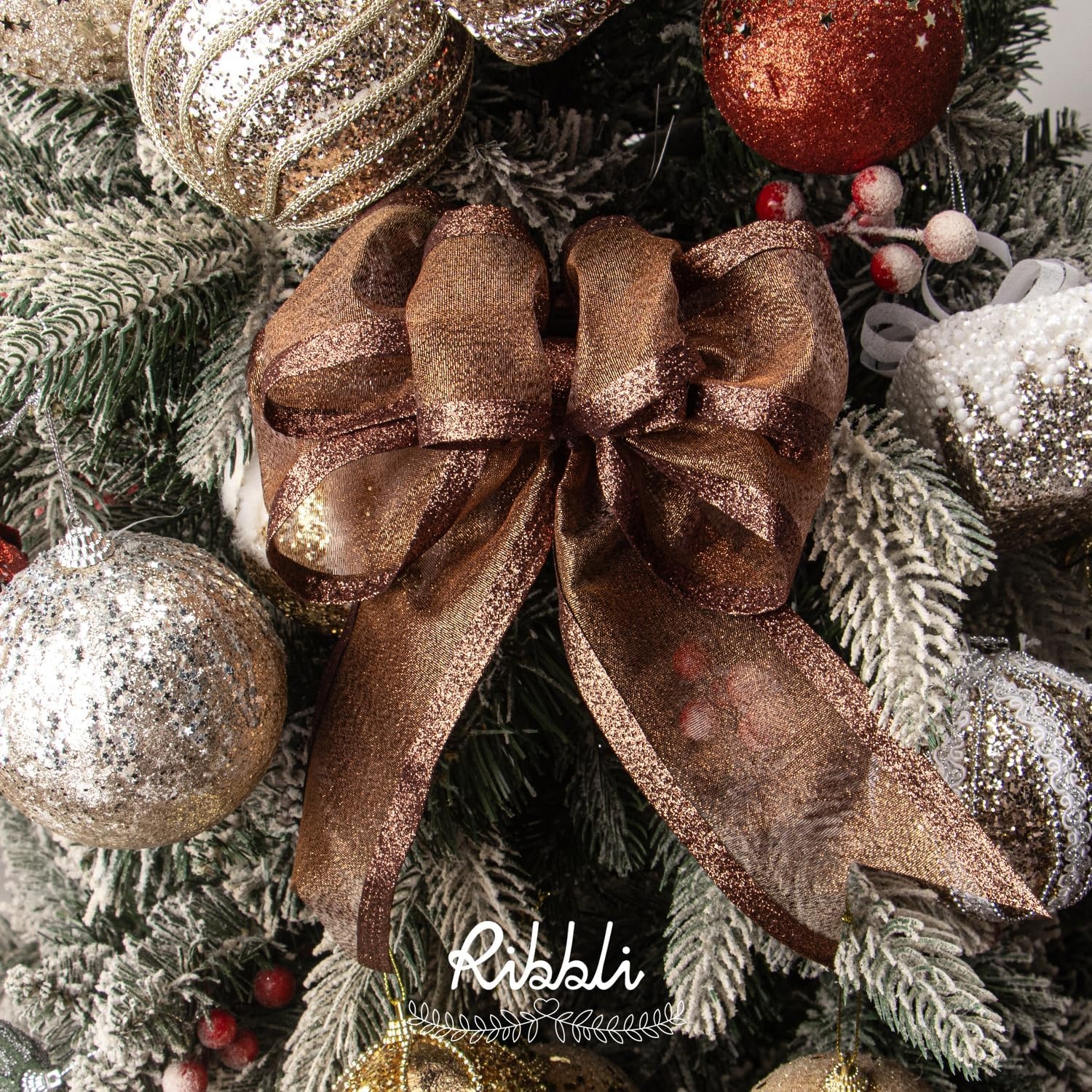 Ribbli Pink Christmas Wired Ribbon, Metallic Wired Ribbon with Glitter Edge 1-1/2 Inch x 10 Yard for Christmas Tree Decoration, Gift Wrapping, Wreaths Supplies, Swag, Holiday Decor(Copper)