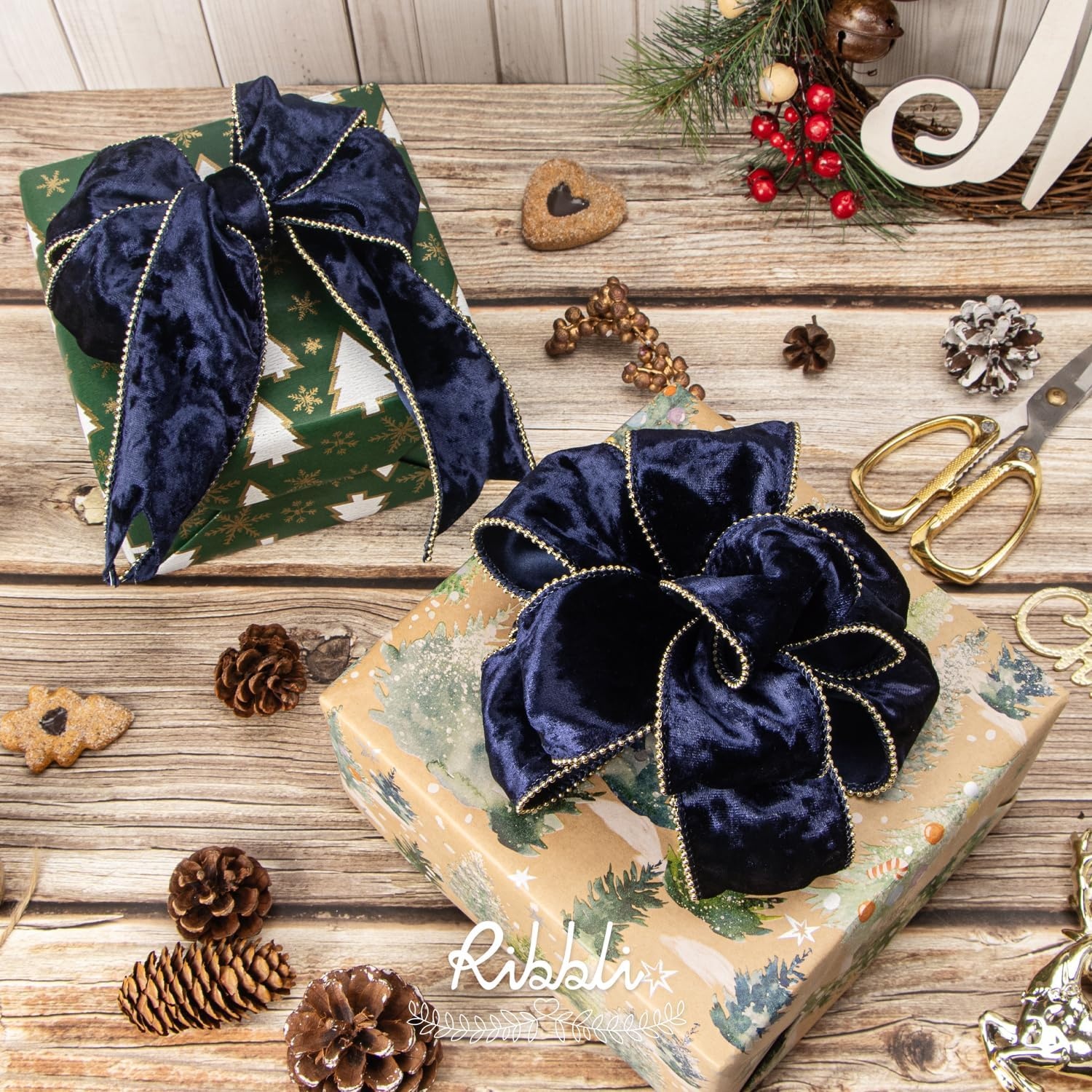Ribbli Red Crushed Velvet Wired Ribbon with Beaded Pearl Edge, 2-1/2 Inch 10-Yard for Gift Wrapping Christmas Tree Decoration Crafts Wreaths Supplies(Navy)
