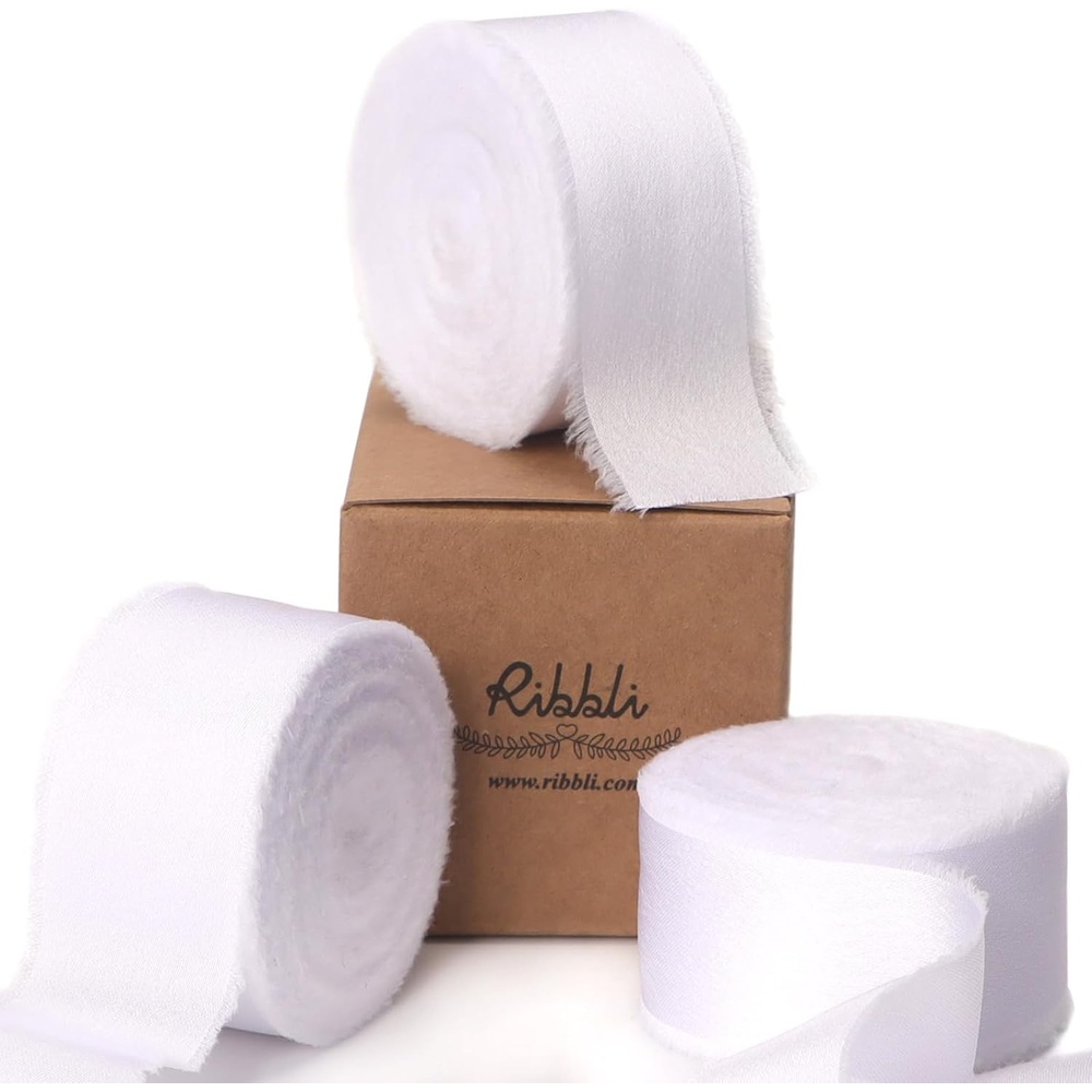 Ribbli Terracotta Silk Satin Ribbon 1.5 Inch x 30 Yard Handmade Frayed Chiffon Burnt Orange Ribbon for Gift Wrapping Wedding Invitations Bridal Bouquets Home Decor(White)