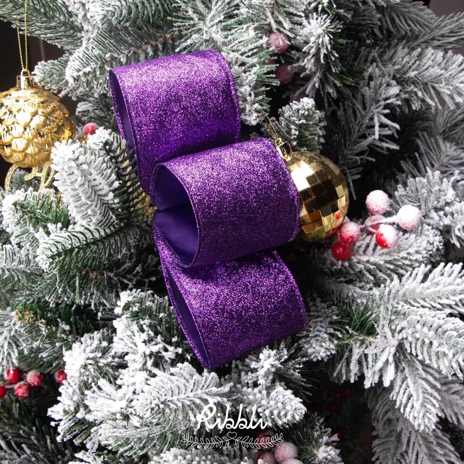 Ribbli Turquoise Blue Glitter Wired Ribbon,Turquoise with Metallic Edge,Christmas Ribbon for Wreath, Christmas Tree Decoration, Gift Wrapping,Home Decor, 2-1/2 Inch x 10 Yards(Purple)