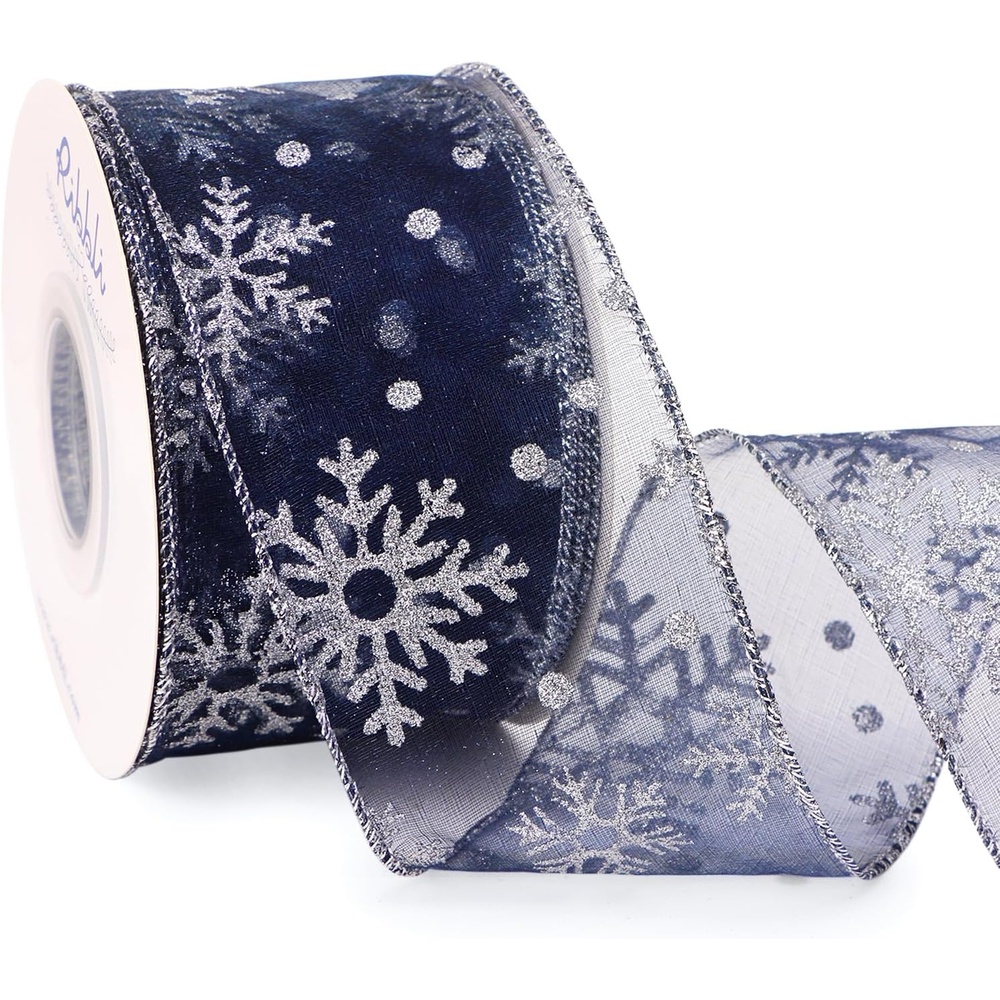 Ribbli Christmas Snowflake Glitter Wired Organza Sheer Ribbon, 2-1/2 Inch x 20 Yards Champagne with Gold Glitter Snowflake Pattern for Tree Decoration(Navy/Silver)