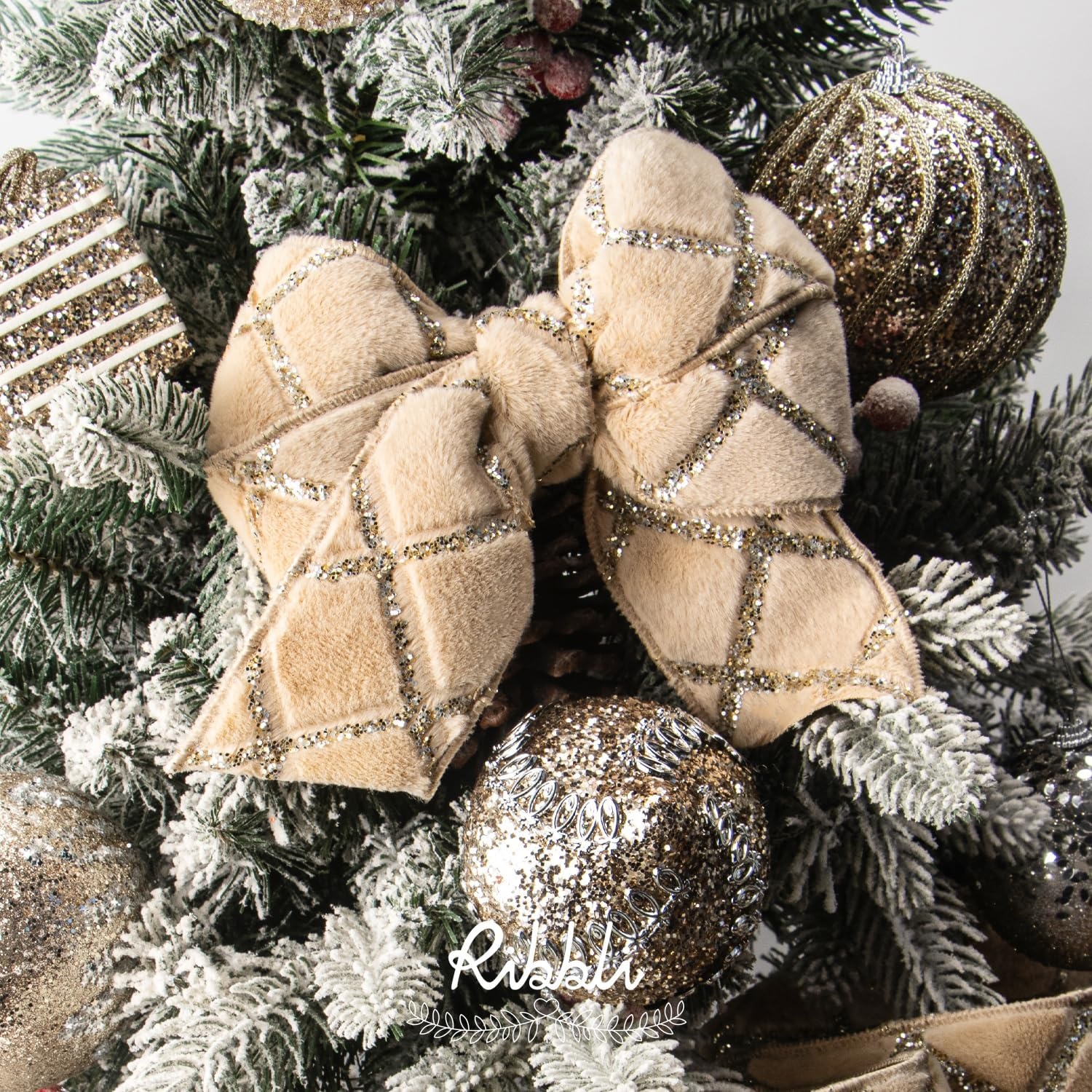 Ribbli White Fluffy Velvet Wired Ribbon with Champagne Gold Foil 4 Inch Christmas Ribbon for Gift Wrapping Topper Bow Christmas Tree Decoration Crafts Wreaths Supplies-Continuous 10 Yards(Champagne)