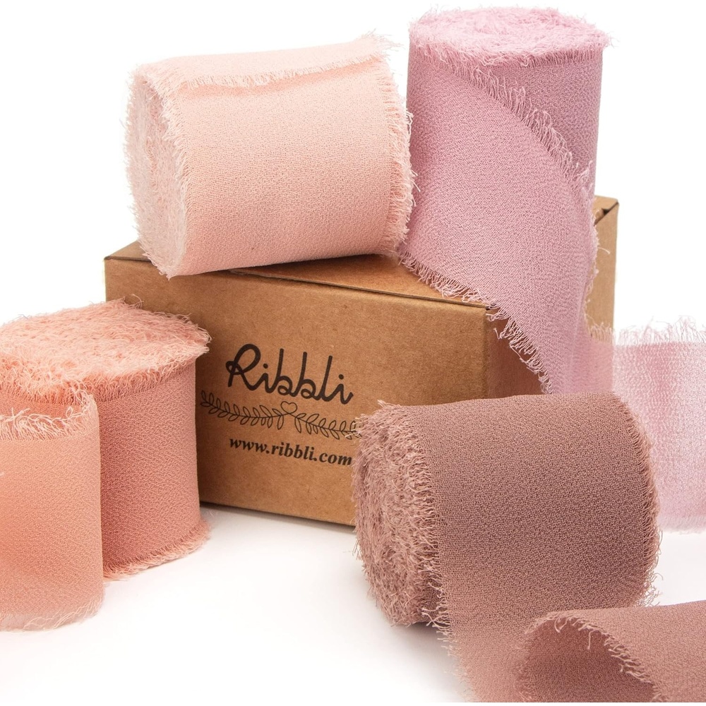Ribbli Chiffon Ribbon Set, Handmade Fringe Silk, 1.5 in x 5 Yd Rolls, Nude/Beige/White Ribbon for Wedding Invitations & Bouquets(Blush/Dusty Pink/Dusty Rose/Dk.Mauve)