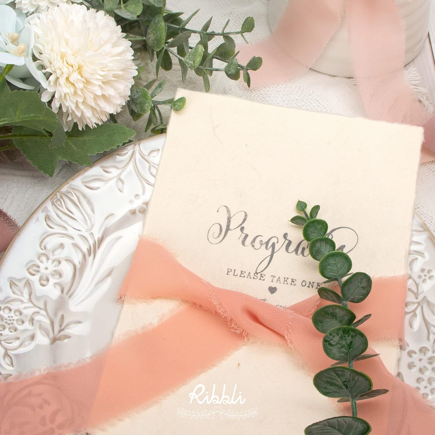 Ribbli Chiffon Ribbon Set, Handmade Fringe Silk, 1.5 in x 5 Yd Rolls, Nude/Beige/White Ribbon for Wedding Invitations & Bouquets(Blush/Dusty Pink/Dusty Rose/Dk.Mauve)