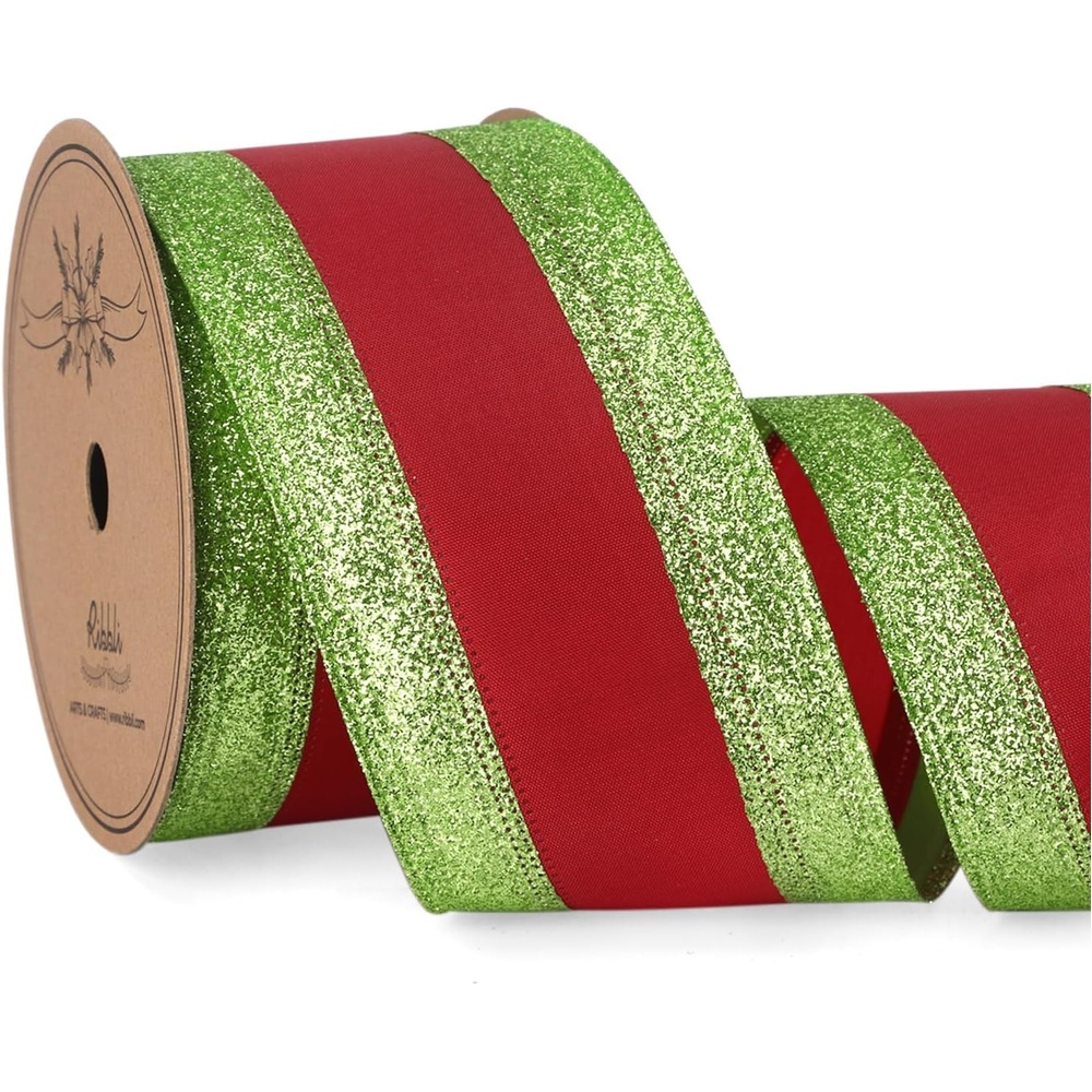 Ribbli Champagne Gold Wired Ribbon Satin with Glitter Edge 2.5 Inch Champagne Christmas Ribbon for Tree Gift Wrapping Wreaths Garland Topper Bows Crafts Home Decor -10 Yards(Lime/Red)