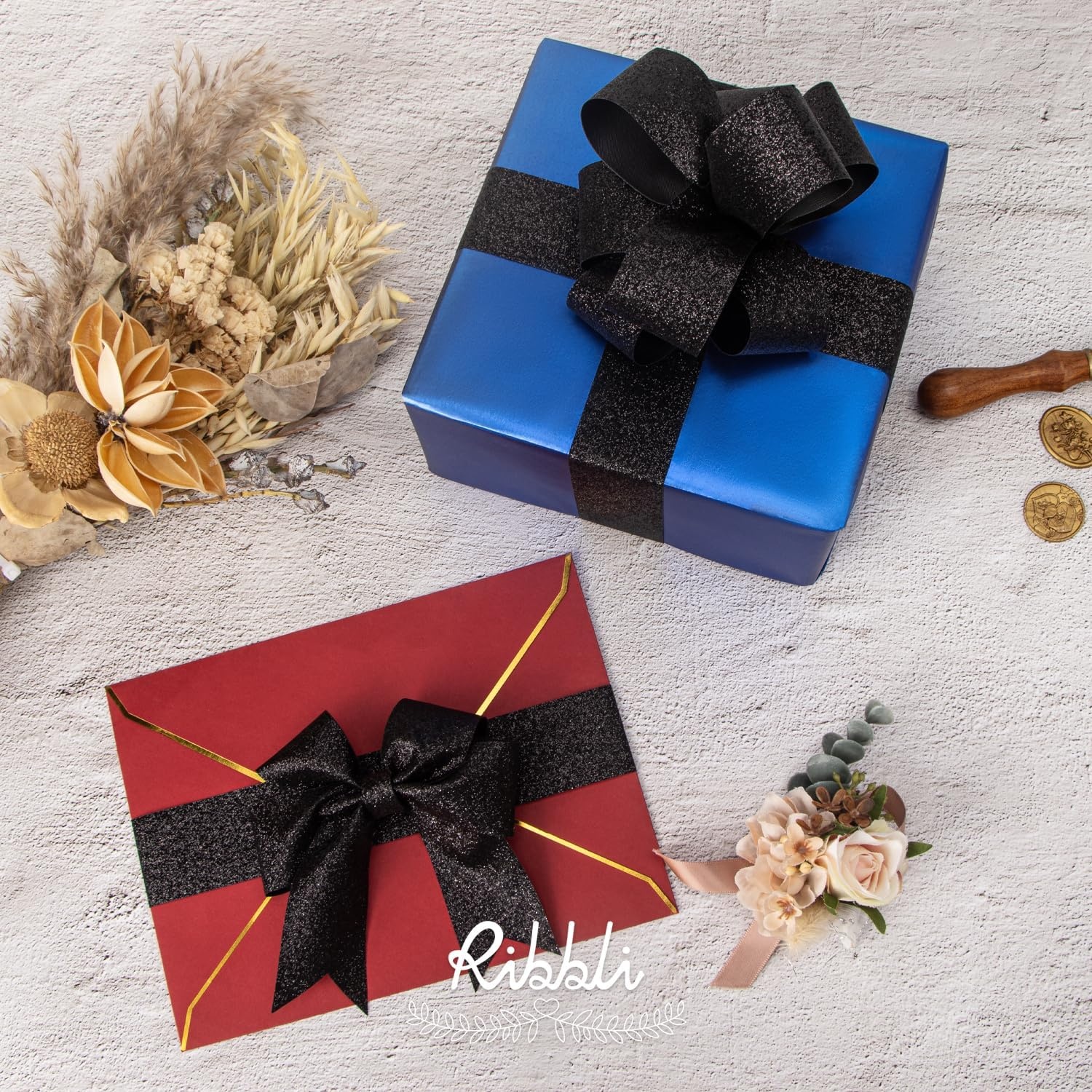Ribbli Royal Blue Glitter Ribbon,Gift Wrapping Cut Edge Christmas Ribbon for Crafts, Chritmas Tree Decoration,Ornaments Decoration,Home Decor, 3/8 Inch x 25 Yards(Black)