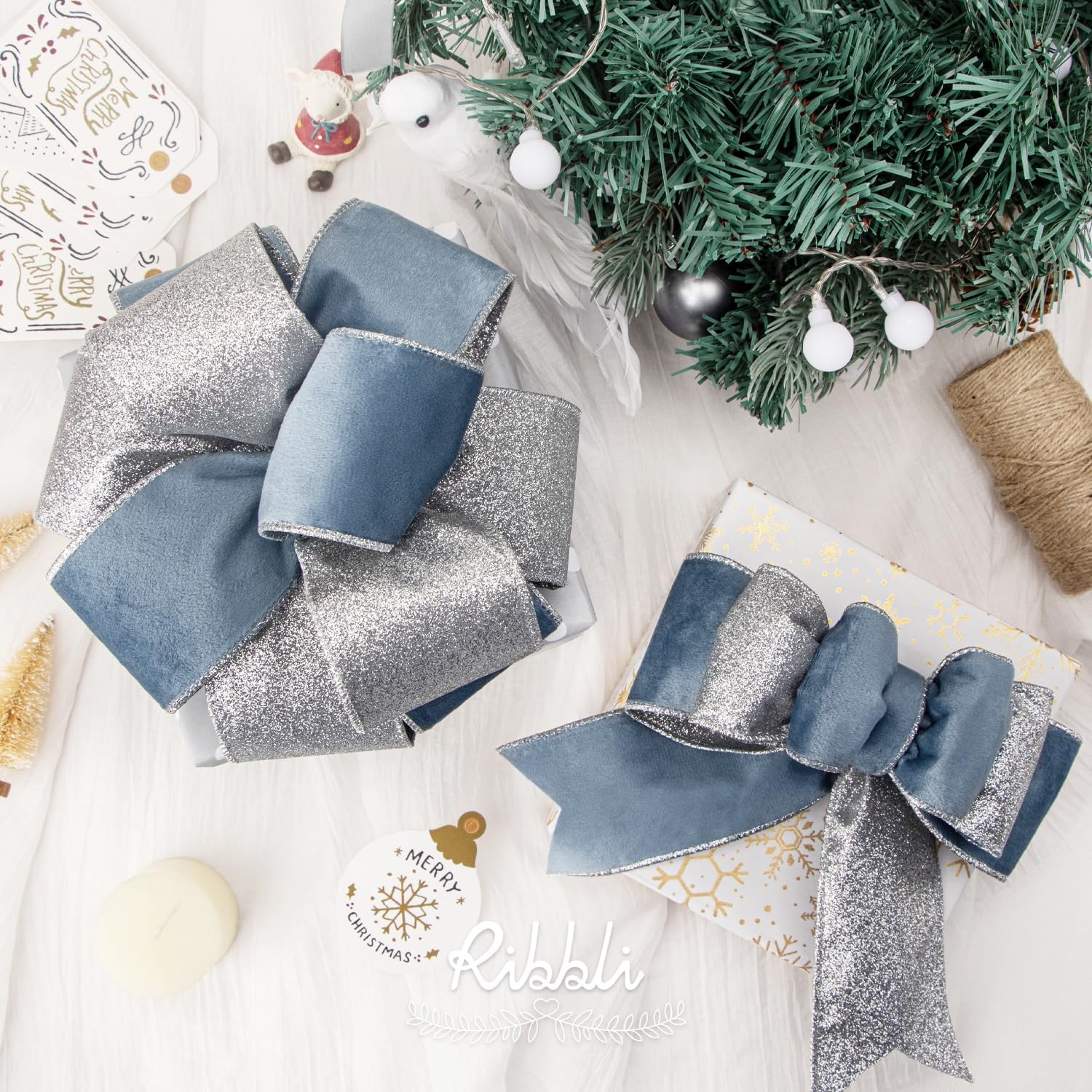 Ribbli Light Champagne Velvet Wired Ribbon 4 Inch Ivory Velvet with Champagne Glitter Christmas Ribbon for Christmas Tree Decoration Big Bow Gift Wrapping Crafts Wreaths Supplies- 10 Yards(Dusty Blue&Silver)