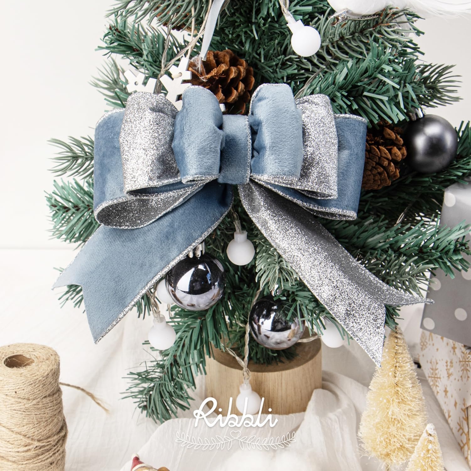 Ribbli Light Champagne Velvet Wired Ribbon 4 Inch Ivory Velvet with Champagne Glitter Christmas Ribbon for Christmas Tree Decoration Big Bow Gift Wrapping Crafts Wreaths Supplies- 10 Yards(Dusty Blue&Silver)