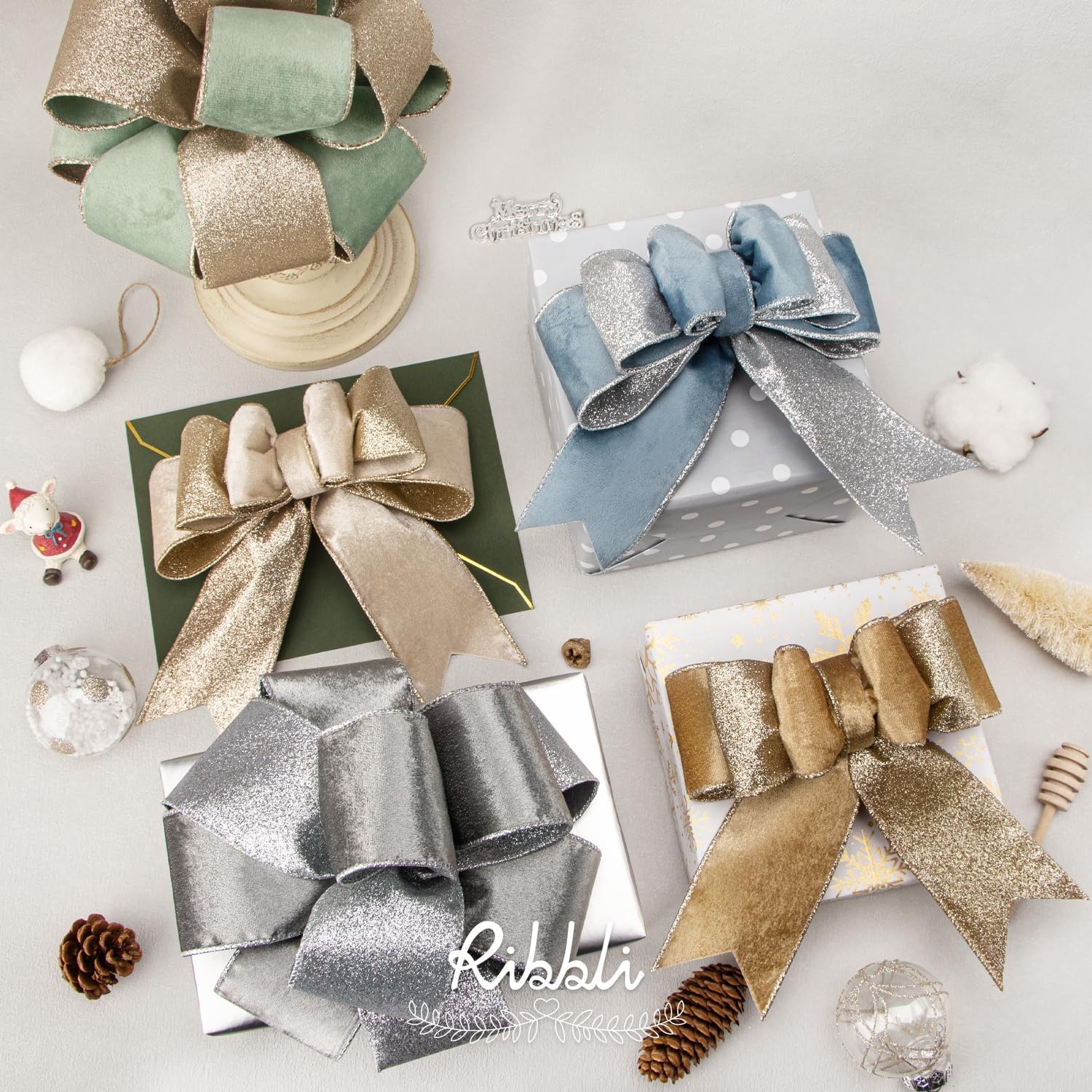 Ribbli Light Champagne Velvet Wired Ribbon 4 Inch Ivory Velvet with Champagne Glitter Christmas Ribbon for Christmas Tree Decoration Big Bow Gift Wrapping Crafts Wreaths Supplies- 10 Yards(Dusty Blue&Silver)