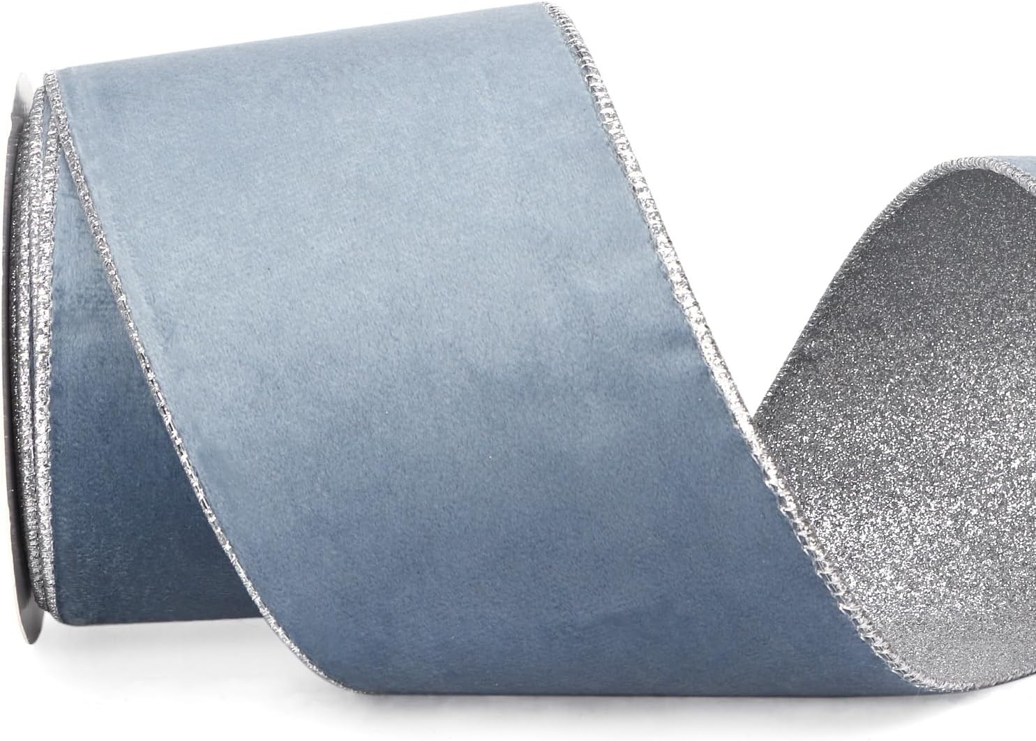 Ribbli Light Champagne Velvet Wired Ribbon 4 Inch Ivory Velvet with Champagne Glitter Christmas Ribbon for Christmas Tree Decoration Big Bow Gift Wrapping Crafts Wreaths Supplies- 10 Yards(Dusty Blue&Silver)