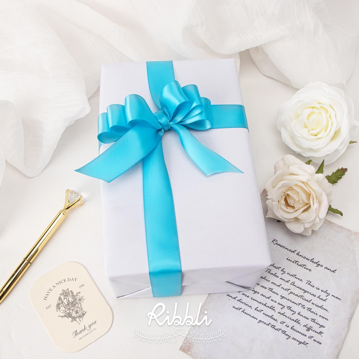 Ribbli Dusty Blue Satin Ribbon Double Faced Satin 1-1/2 Inch x Continuous 50 Yards-Blue Ribbon for Gift Wrapping Crafts Wedding Decoration Bows Bouquet Floral Arrangement(Blue Turquoise)