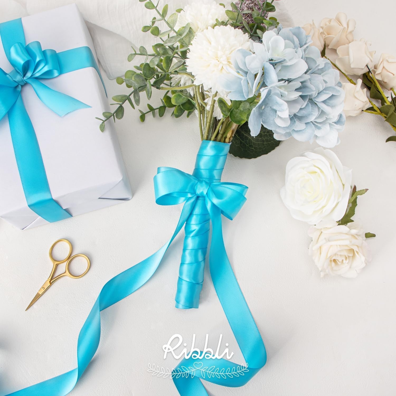 Ribbli Dusty Blue Satin Ribbon Double Faced Satin 1-1/2 Inch x Continuous 50 Yards-Blue Ribbon for Gift Wrapping Crafts Wedding Decoration Bows Bouquet Floral Arrangement(Blue Turquoise)