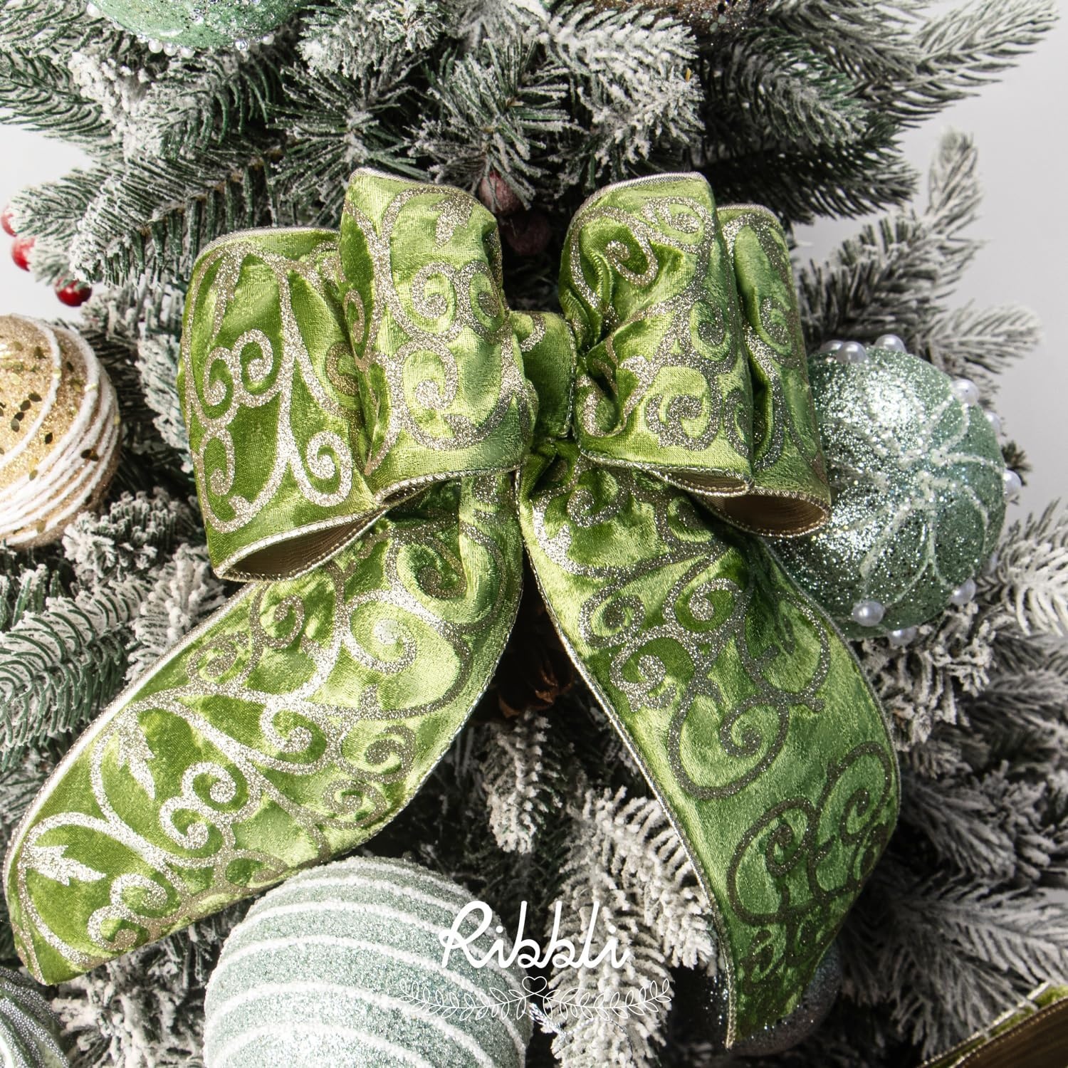 Ribbli Black Velvet Ribbon Wired with Glitter Swirl 4 Inch Christmas Ribbon for Christmas Tree Decoration Big Bow Gift Wrapping Crafts Wreaths Supplies – 10 Yards(Sage Green)