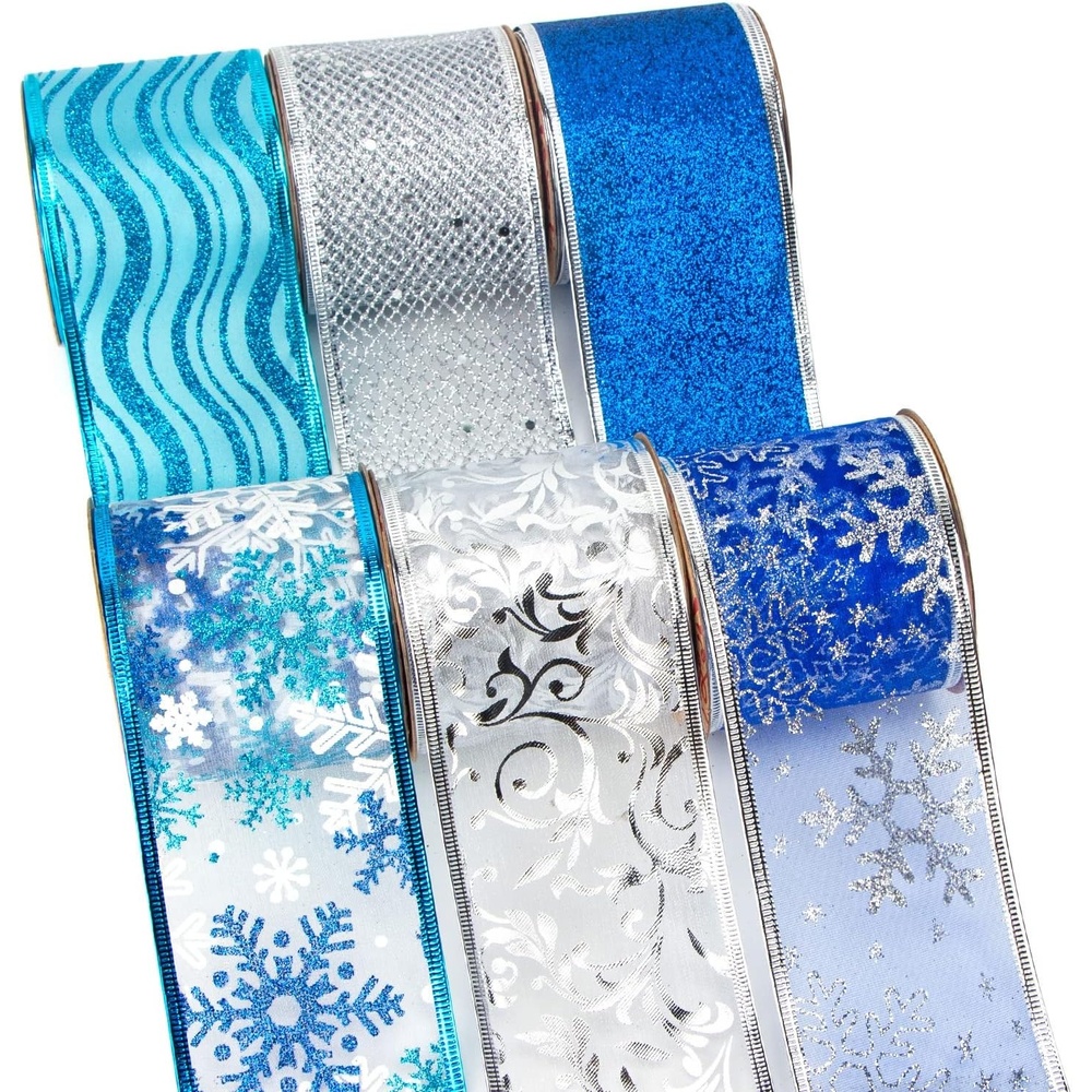 Ribbli Rose Gold Glitter Christmas Ribbon for Tree, Crafts, Gift Wrapping, Wreaths, Garland – 2.5 Inch x 6 Rolls, 36 Yards Total(Blue/Silver)