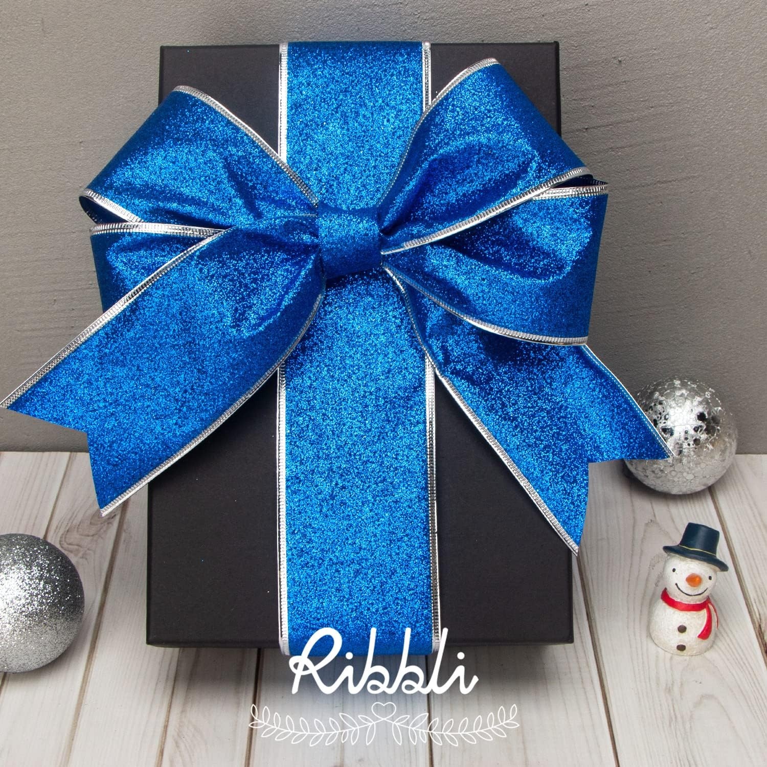 Ribbli Rose Gold Glitter Christmas Ribbon for Tree, Crafts, Gift Wrapping, Wreaths, Garland – 2.5 Inch x 6 Rolls, 36 Yards Total(Blue/Silver)