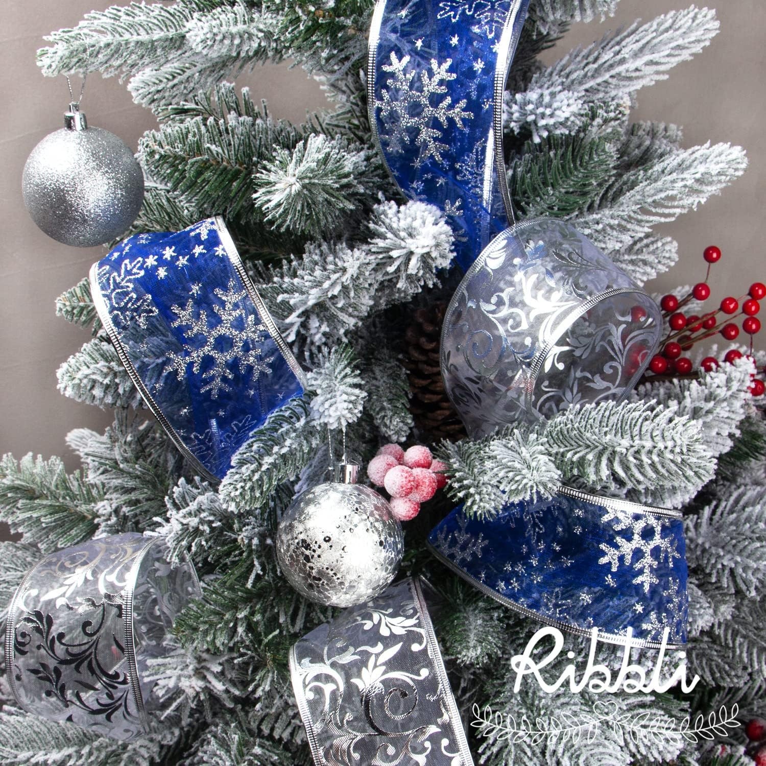 Ribbli Rose Gold Glitter Christmas Ribbon for Tree, Crafts, Gift Wrapping, Wreaths, Garland – 2.5 Inch x 6 Rolls, 36 Yards Total(Blue/Silver)