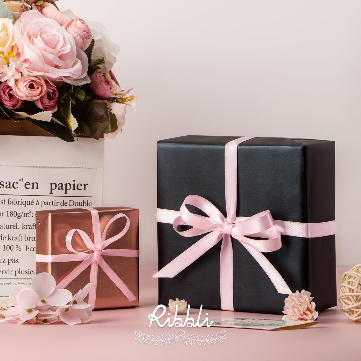 Ribbli Dusty Sage Satin Ribbon Double Faced Satin 1/2 inch x Continuous 50 Yards-Spring Moss Ribbon for Gift Wrapping Crafts Wedding Decoration Bows Bouquet Floral Arrangement(Pink Light)