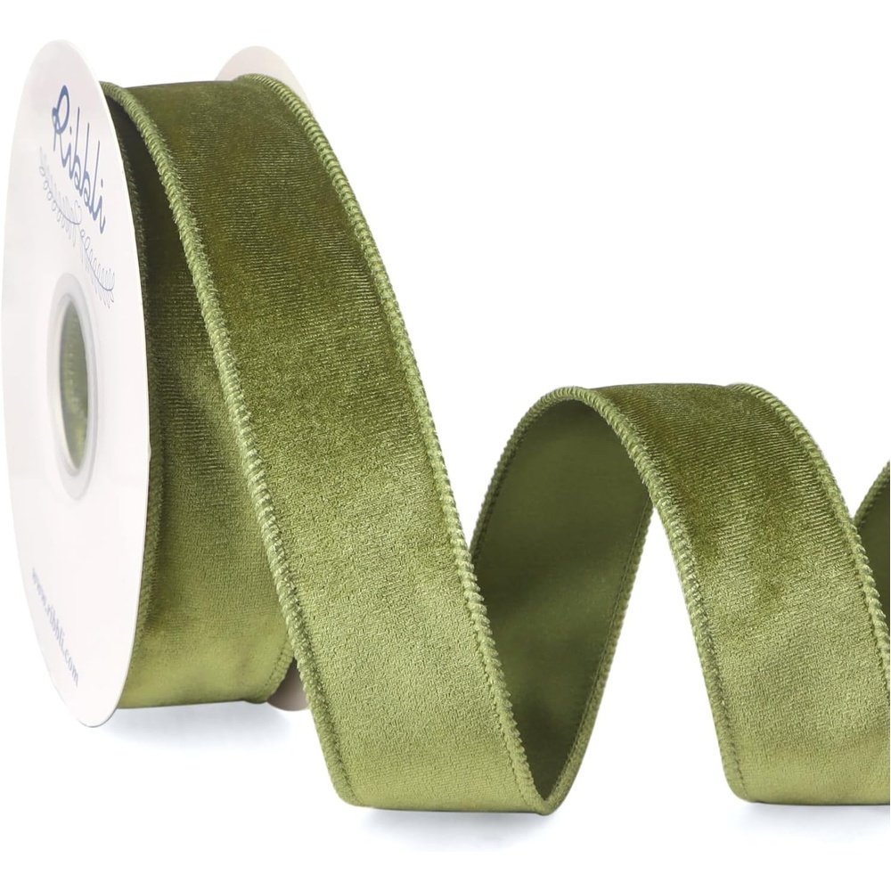 Ribbli Dusty Green Velvet Wired Ribbon 4 Inch Sage Velvet with Satin Christmas Ribbon for Gift Wrapping Christmas Tree Decoration Crafts Wreaths Supplies-Continuous 10 Yards(Olive Green)