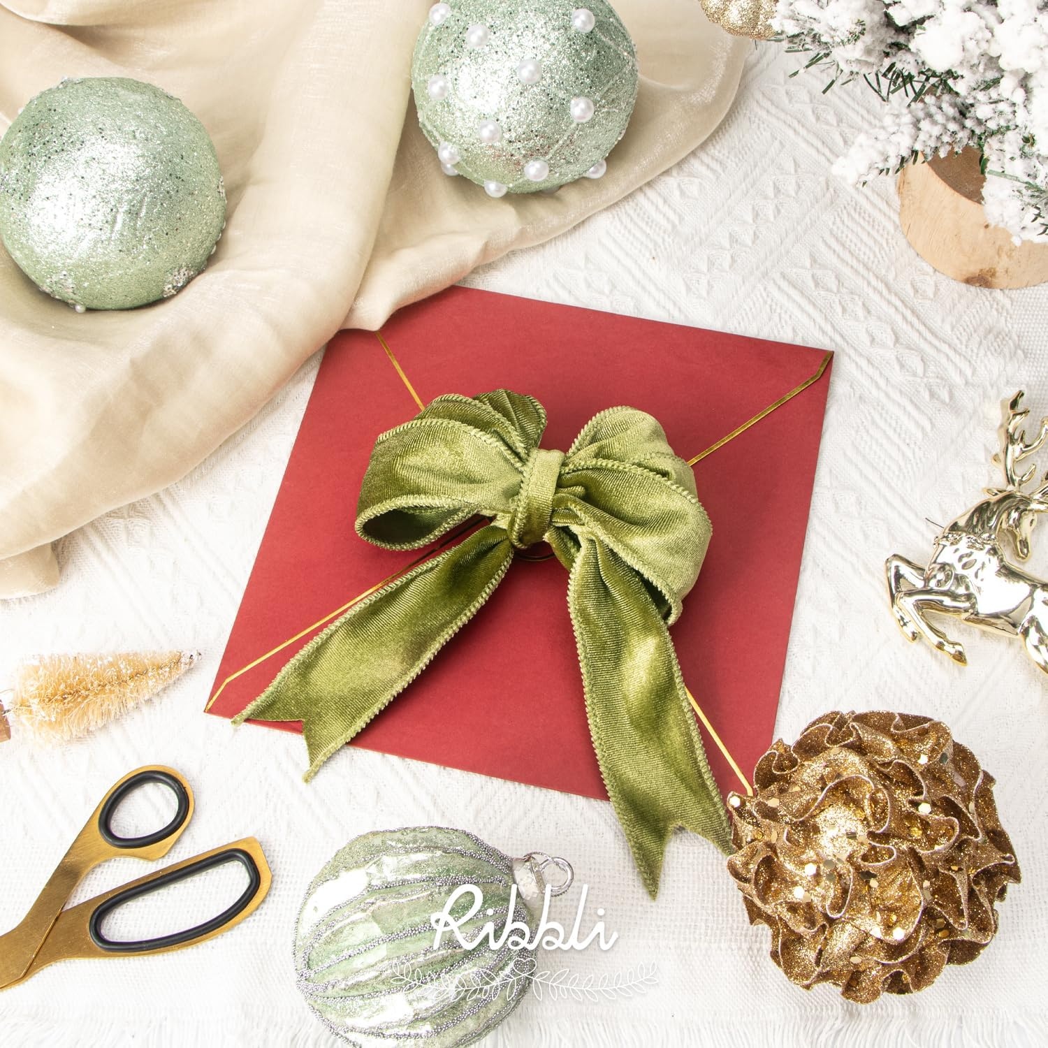 Ribbli Dusty Green Velvet Wired Ribbon 4 Inch Sage Velvet with Satin Christmas Ribbon for Gift Wrapping Christmas Tree Decoration Crafts Wreaths Supplies-Continuous 10 Yards(Olive Green)