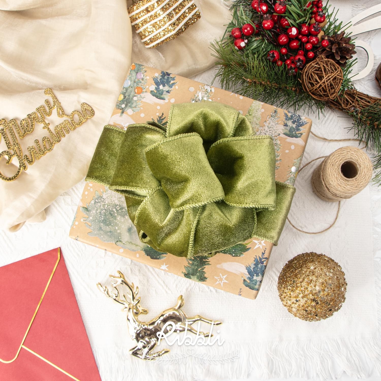 Ribbli Dusty Green Velvet Wired Ribbon 4 Inch Sage Velvet with Satin Christmas Ribbon for Gift Wrapping Christmas Tree Decoration Crafts Wreaths Supplies-Continuous 10 Yards(Olive Green)