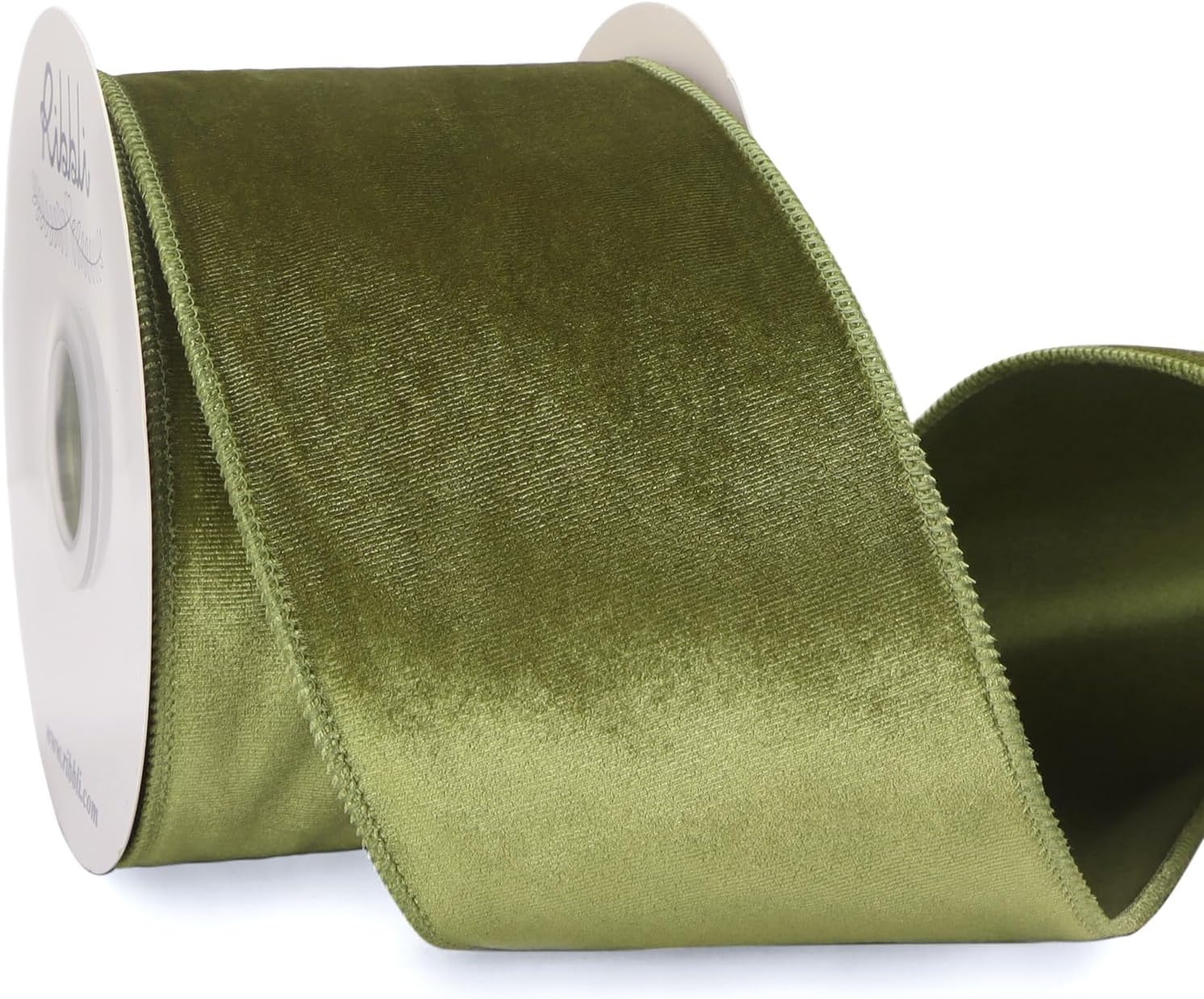Ribbli Dusty Green Velvet Wired Ribbon 4 Inch Sage Velvet with Satin Christmas Ribbon for Gift Wrapping Christmas Tree Decoration Crafts Wreaths Supplies-Continuous 10 Yards(Olive Green)