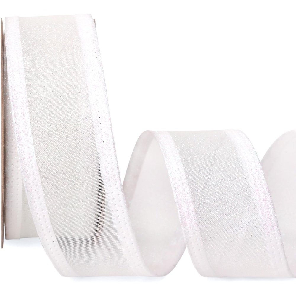 Ribbli Pink Christmas Wired Ribbon, Metallic Wired Ribbon with Glitter Edge 1-1/2 Inch x 10 Yard for Christmas Tree Decoration, Gift Wrapping, Wreaths Supplies, Swag, Holiday Decor(White Iridescent)