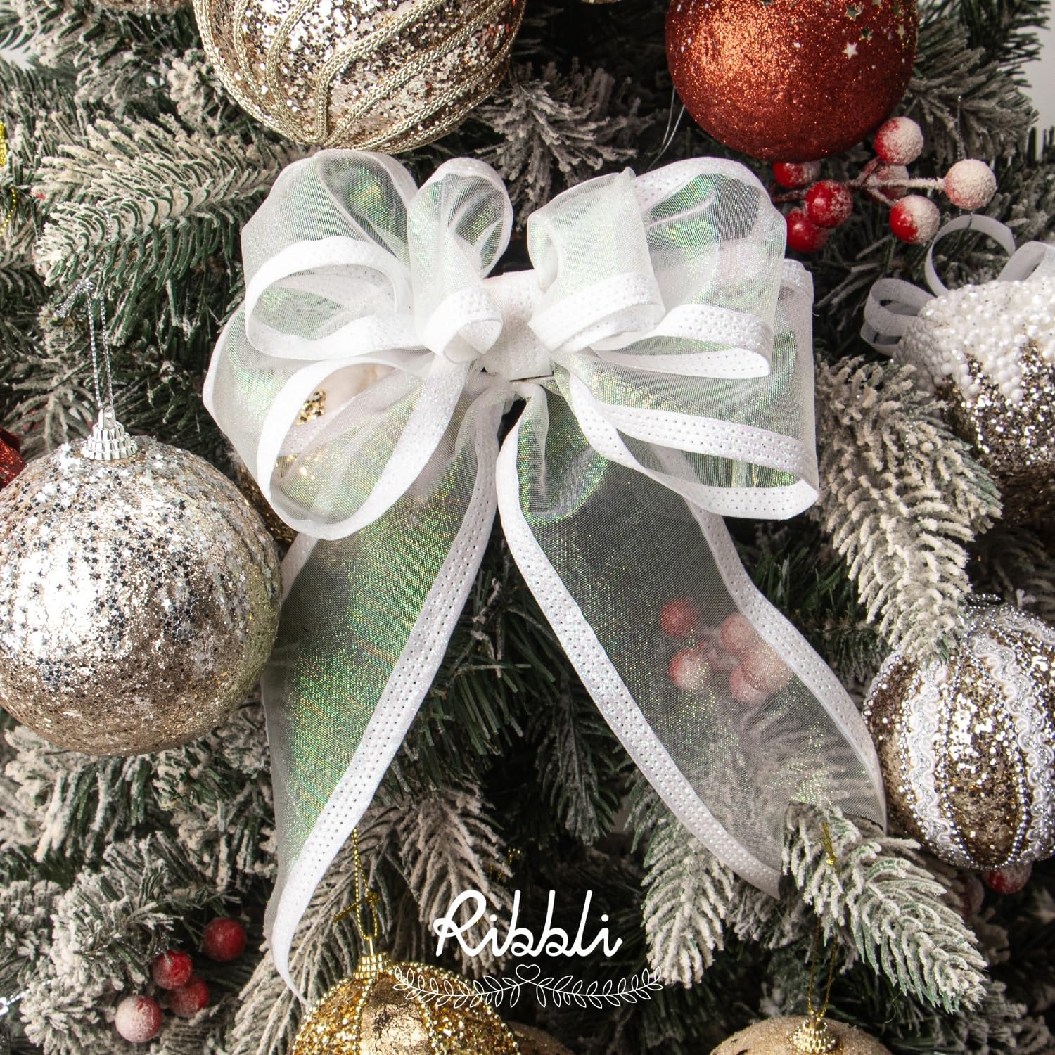 Ribbli Pink Christmas Wired Ribbon, Metallic Wired Ribbon with Glitter Edge 1-1/2 Inch x 10 Yard for Christmas Tree Decoration, Gift Wrapping, Wreaths Supplies, Swag, Holiday Decor(White Iridescent)