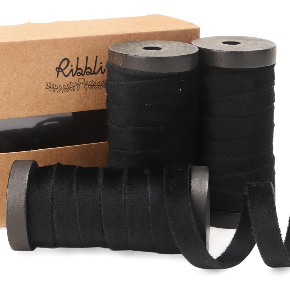 Ribbli Antique Gold Velvet Ribbon 3 Rolls Double Faced 3/8 Inch 18-Yard with Wooden Spool Use for Christmas Tree Ornaments Gift Wrapping Wreath Decoration Wedding Boutonnieres(Black)