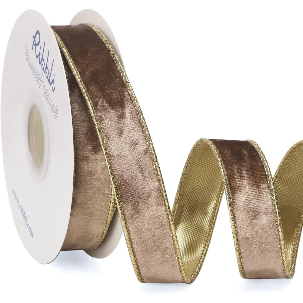 Ribbli Black Velvet Wired Ribbon 2.5 Inch Metallic Black Gold Crushed Velvet Christmas Ribbon for Gift Wrapping Christmas Tree Decoration Crafts Wreaths Supplies-Continuous 10 Yards(Camel)