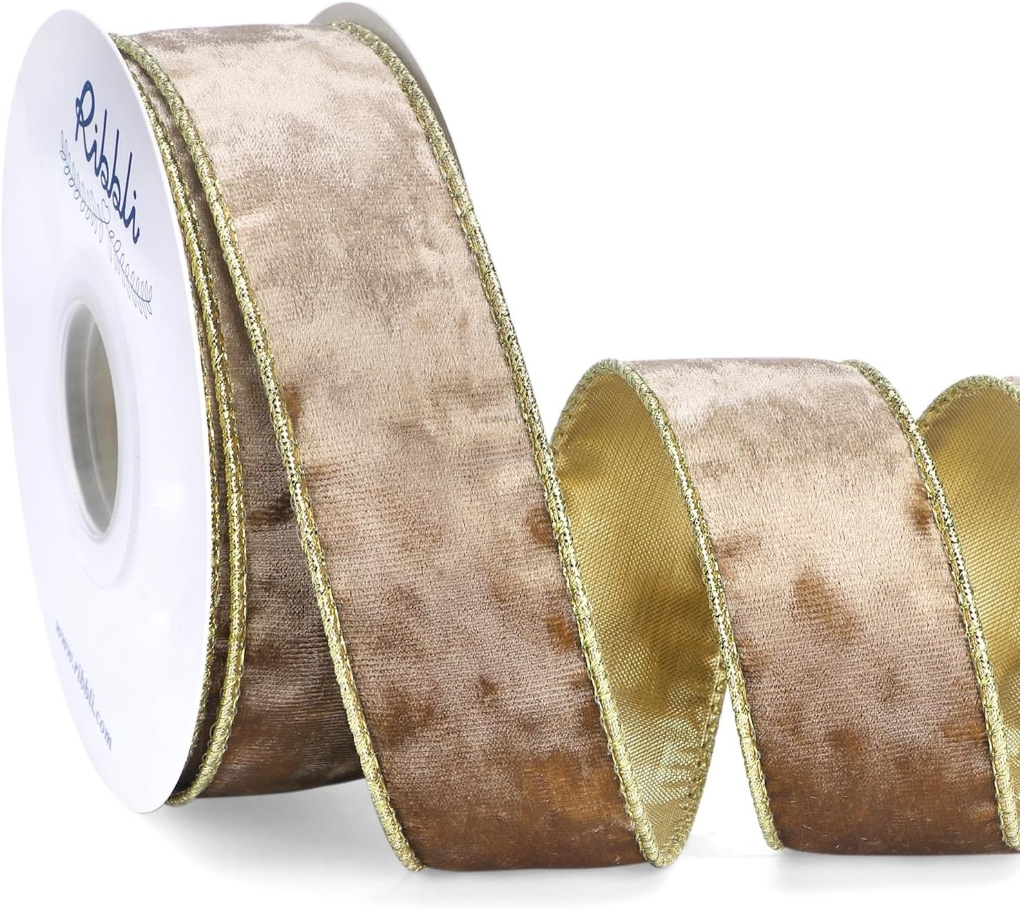 Ribbli Black Velvet Wired Ribbon 2.5 Inch Metallic Black Gold Crushed Velvet Christmas Ribbon for Gift Wrapping Christmas Tree Decoration Crafts Wreaths Supplies-Continuous 10 Yards(Camel)