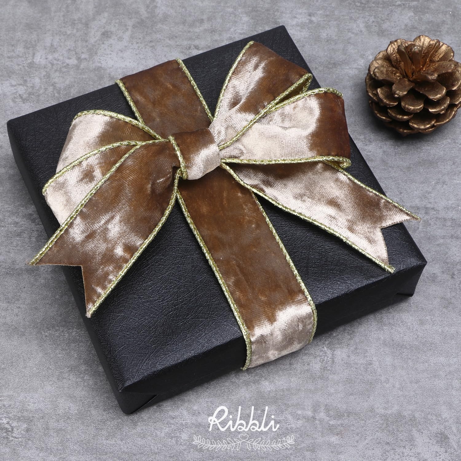 Ribbli Black Velvet Wired Ribbon 2.5 Inch Metallic Black Gold Crushed Velvet Christmas Ribbon for Gift Wrapping Christmas Tree Decoration Crafts Wreaths Supplies-Continuous 10 Yards(Camel)