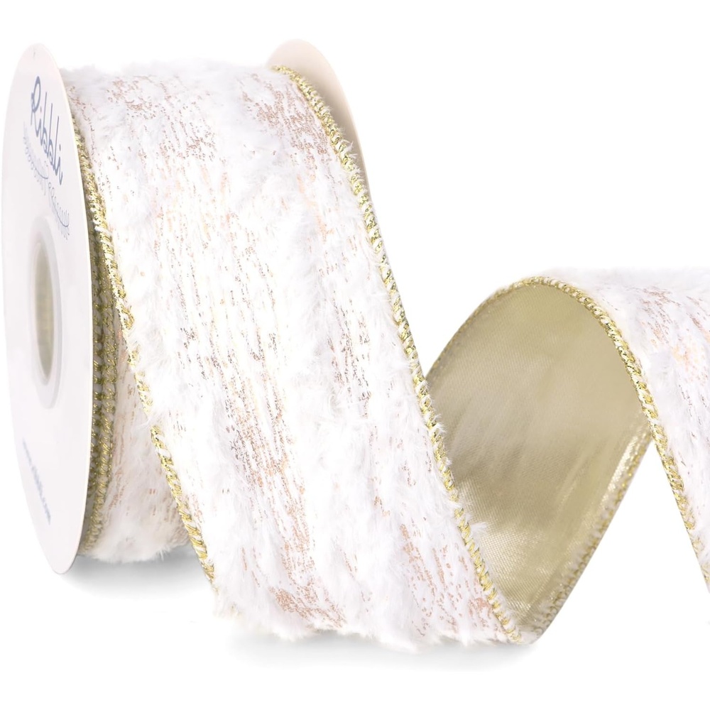 Ribbli White Fluffy Velvet Wired Ribbon with Champagne Gold Foil 4 Inch Christmas Ribbon for Gift Wrapping Topper Bow Christmas Tree Decoration Crafts Wreaths Supplies-Continuous 10 Yards(White/Champagne)