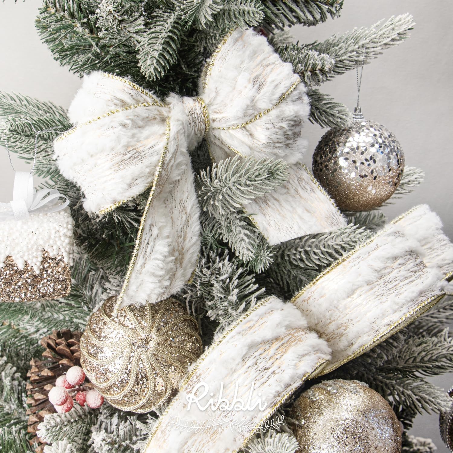 Ribbli White Fluffy Velvet Wired Ribbon with Champagne Gold Foil 4 Inch Christmas Ribbon for Gift Wrapping Topper Bow Christmas Tree Decoration Crafts Wreaths Supplies-Continuous 10 Yards(White/Champagne)