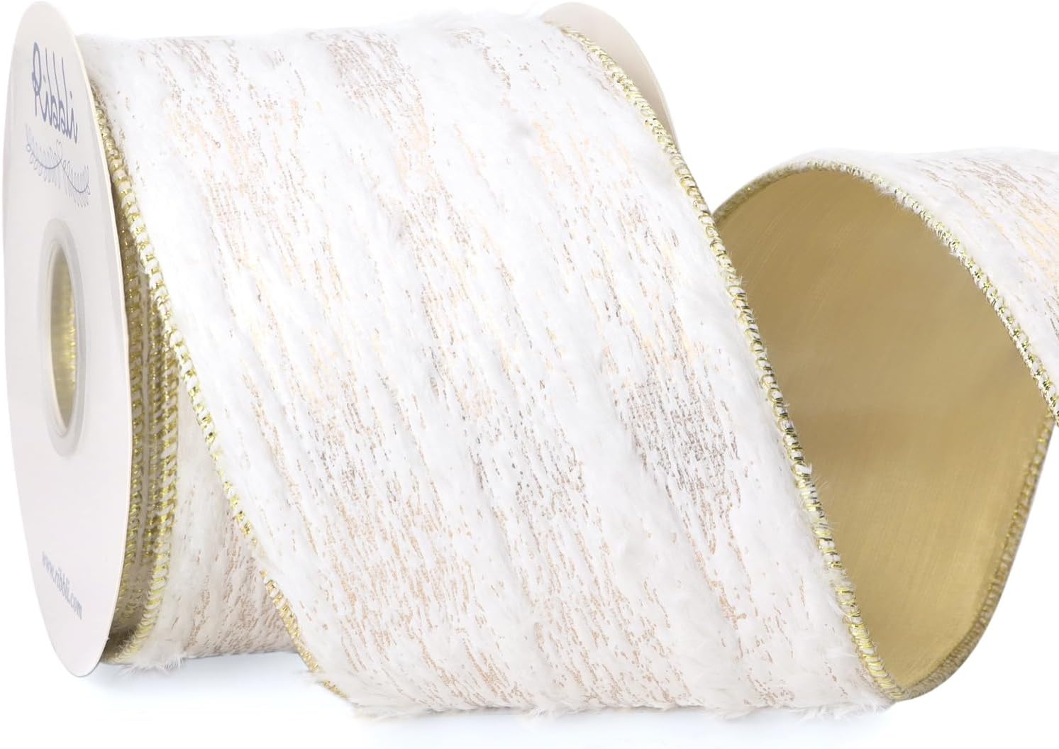 Ribbli White Fluffy Velvet Wired Ribbon with Champagne Gold Foil 4 Inch Christmas Ribbon for Gift Wrapping Topper Bow Christmas Tree Decoration Crafts Wreaths Supplies-Continuous 10 Yards(White/Champagne)