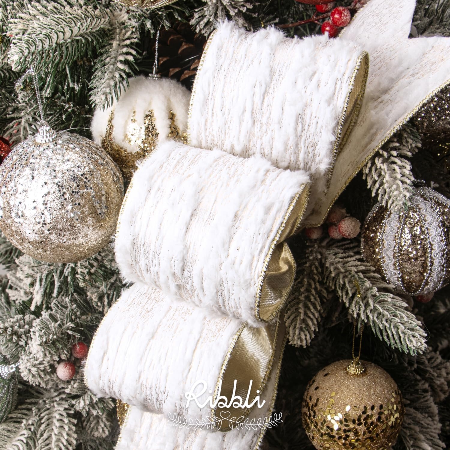 Ribbli White Fluffy Velvet Wired Ribbon with Champagne Gold Foil 4 Inch Christmas Ribbon for Gift Wrapping Topper Bow Christmas Tree Decoration Crafts Wreaths Supplies-Continuous 10 Yards(White/Champagne)