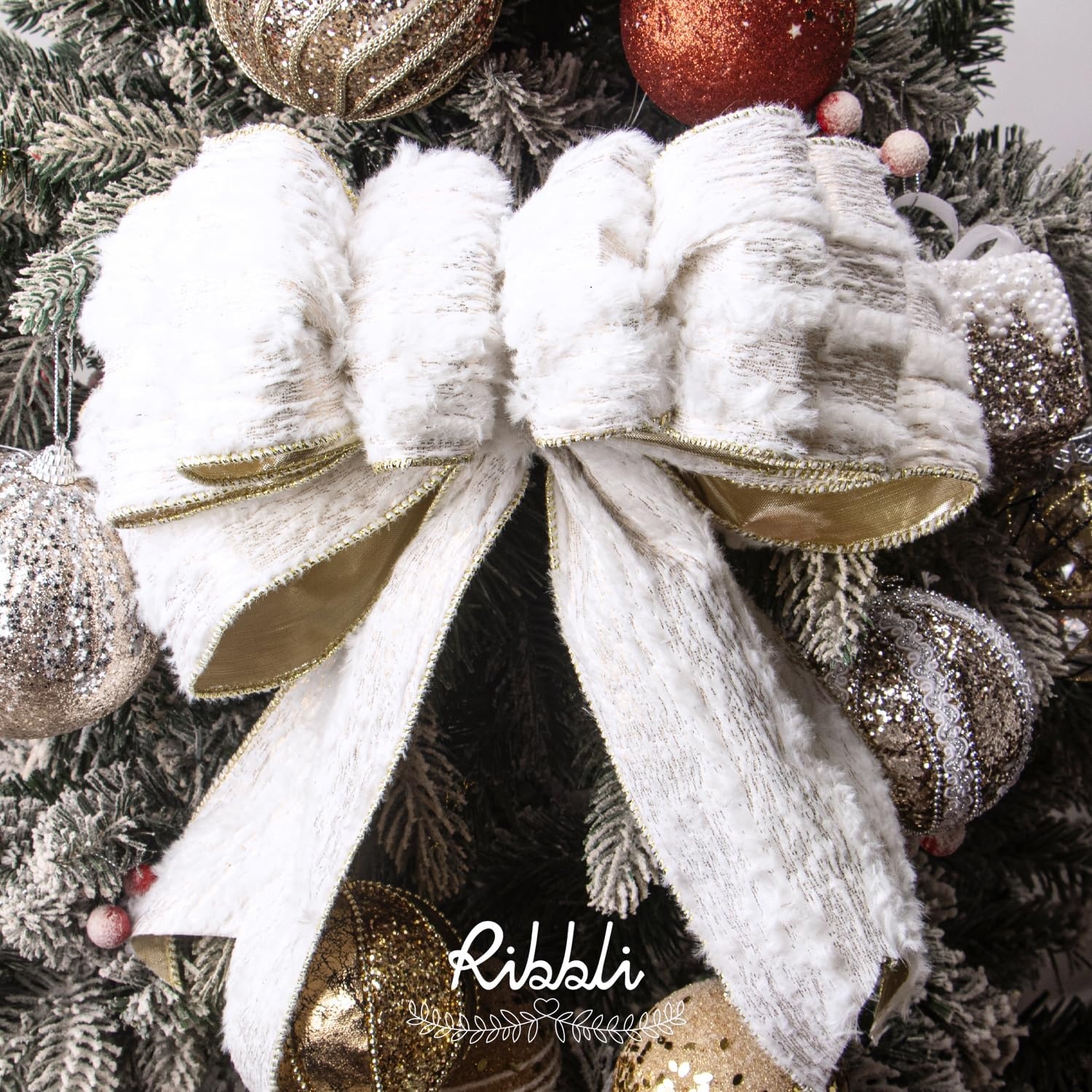Ribbli White Fluffy Velvet Wired Ribbon with Champagne Gold Foil 4 Inch Christmas Ribbon for Gift Wrapping Topper Bow Christmas Tree Decoration Crafts Wreaths Supplies-Continuous 10 Yards(White/Champagne)