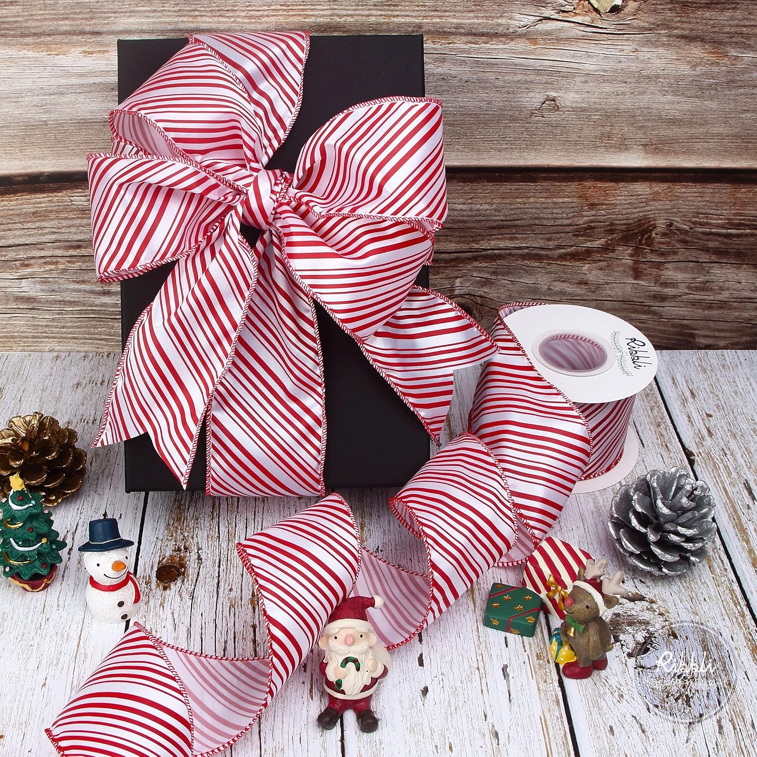 Ribbli Candy Cane Ribbon Red and White Stripe Wired Satin,2-1/2 Inch x Continuous 10 Yard,Peppermint Stripe Christmas Ribbon for Big Bow, Wreath,Tree Decoration, Outdoor Decoration(2.5 inch)
