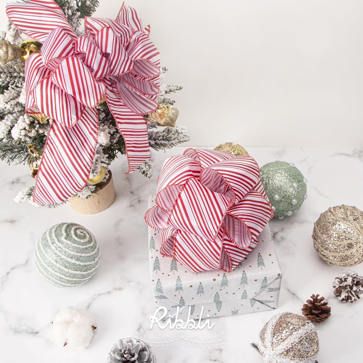 Ribbli Candy Cane Ribbon Red and White Stripe Wired Satin,2-1/2 Inch x Continuous 10 Yard,Peppermint Stripe Christmas Ribbon for Big Bow, Wreath,Tree Decoration, Outdoor Decoration(2.5 inch)