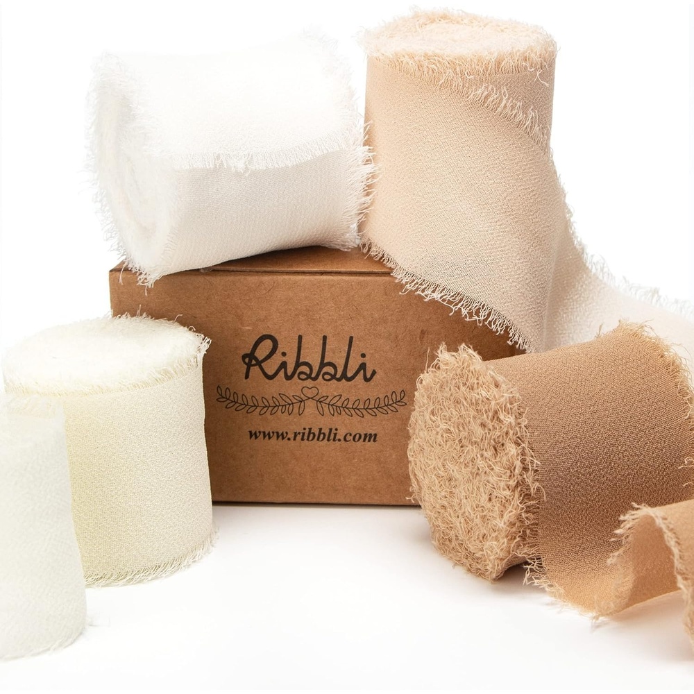 Ribbli Chiffon Ribbon Set, Handmade Fringe Silk, 1.5 in x 5 Yd Rolls, Nude/Beige/White Ribbon for Wedding Invitations & Bouquets(White/Ivory/Nude/Dark Nude)