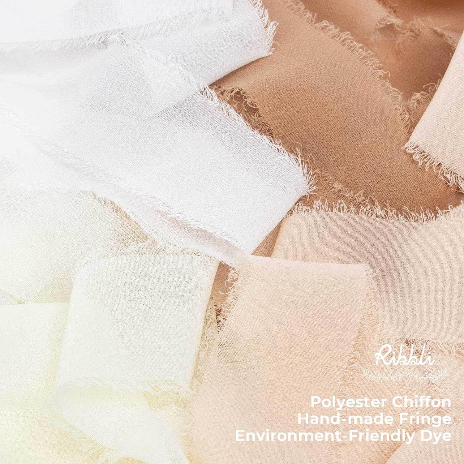 Ribbli Chiffon Ribbon Set, Handmade Fringe Silk, 1.5 in x 5 Yd Rolls, Nude/Beige/White Ribbon for Wedding Invitations & Bouquets(White/Ivory/Nude/Dark Nude)