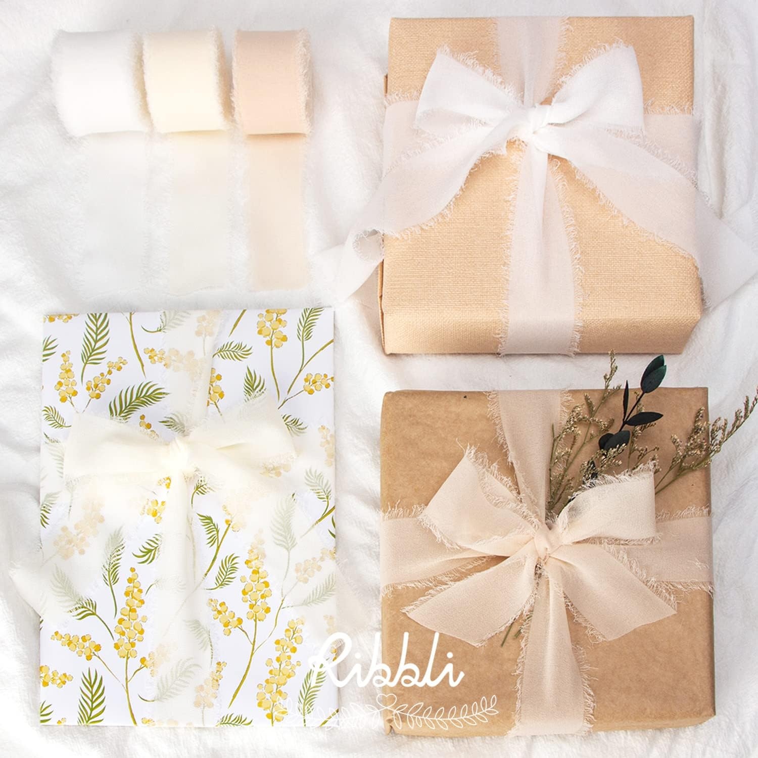 Ribbli Chiffon Ribbon Set, Handmade Fringe Silk, 1.5 in x 5 Yd Rolls, Nude/Beige/White Ribbon for Wedding Invitations & Bouquets(White/Ivory/Nude/Dark Nude)