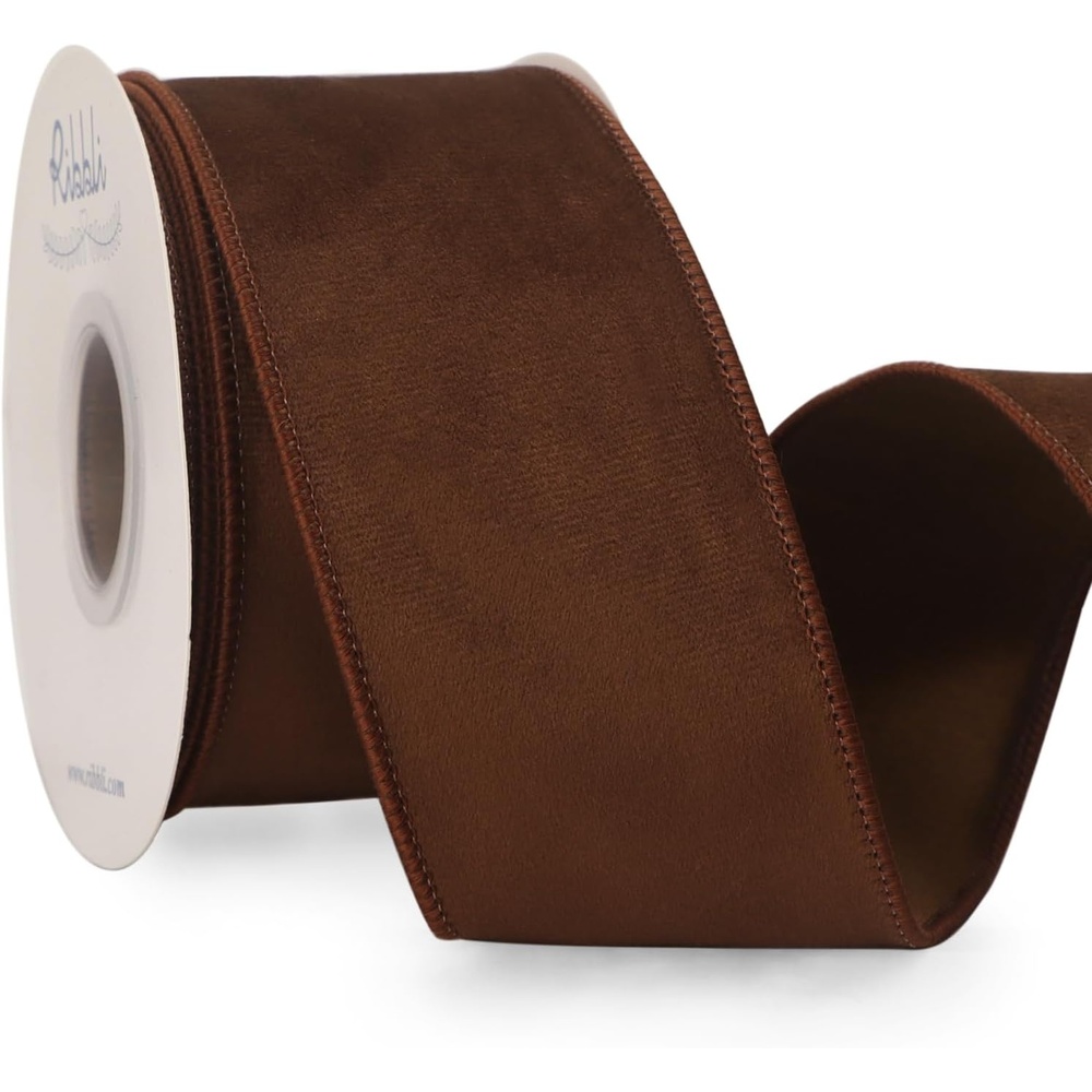 Ribbli Sage Green Velvet Wired Ribbon with Dupioni 4 Inch Christmas Ribbon for Gift Wrapping Christmas Tree Decoration Crafts Wreaths Supplies-Continuous 10 Yards(Brown)