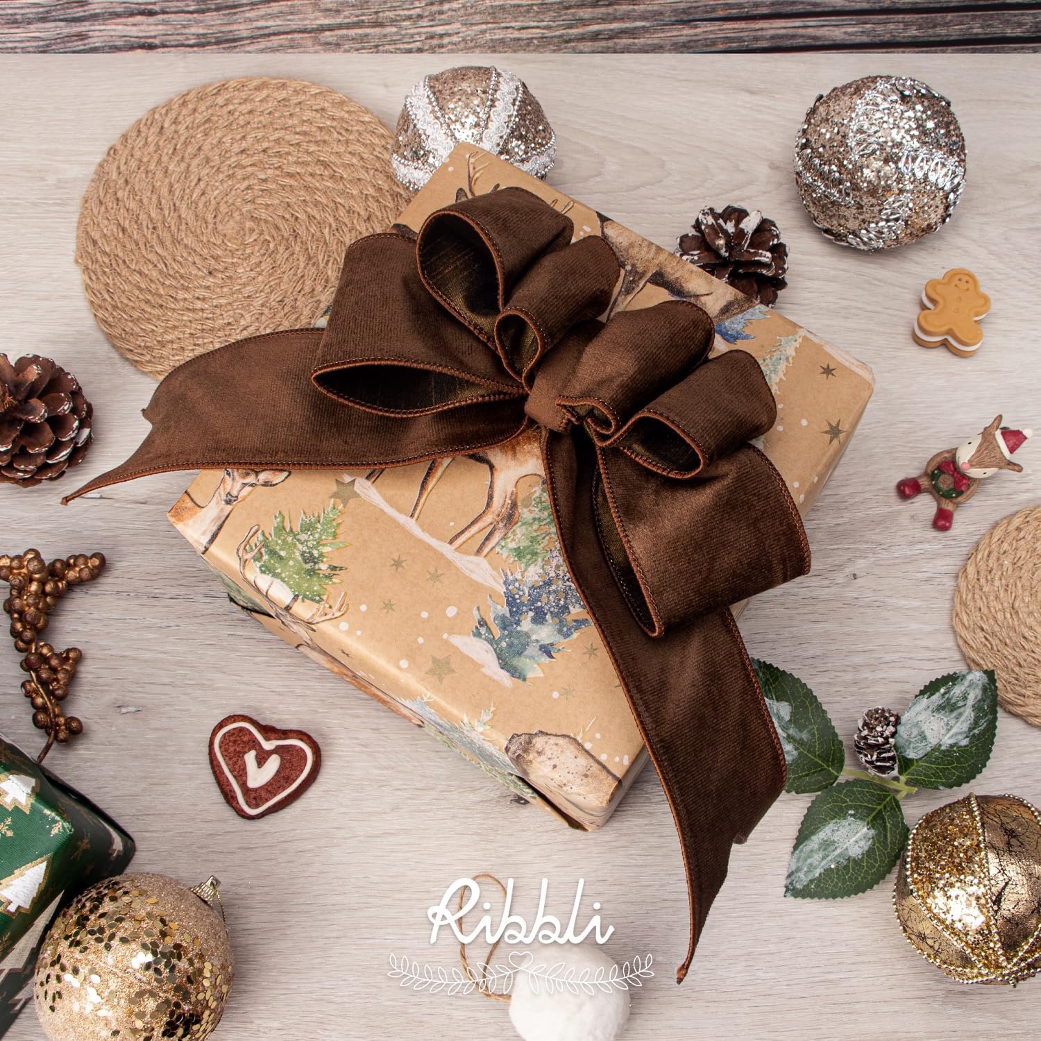 Ribbli Sage Green Velvet Wired Ribbon with Dupioni 4 Inch Christmas Ribbon for Gift Wrapping Christmas Tree Decoration Crafts Wreaths Supplies-Continuous 10 Yards(Brown)