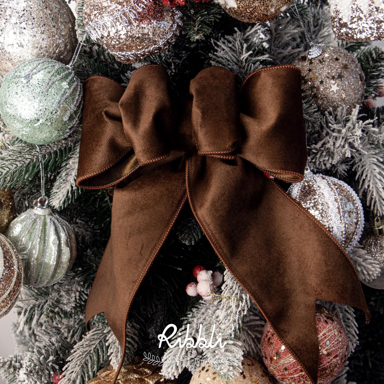 Ribbli Sage Green Velvet Wired Ribbon with Dupioni 4 Inch Christmas Ribbon for Gift Wrapping Christmas Tree Decoration Crafts Wreaths Supplies-Continuous 10 Yards(Brown)