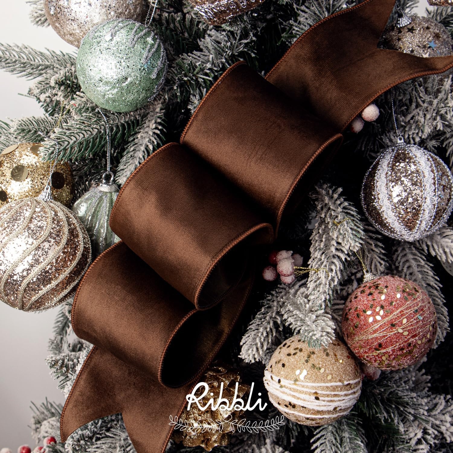 Ribbli Sage Green Velvet Wired Ribbon with Dupioni 4 Inch Christmas Ribbon for Gift Wrapping Christmas Tree Decoration Crafts Wreaths Supplies-Continuous 10 Yards(Brown)